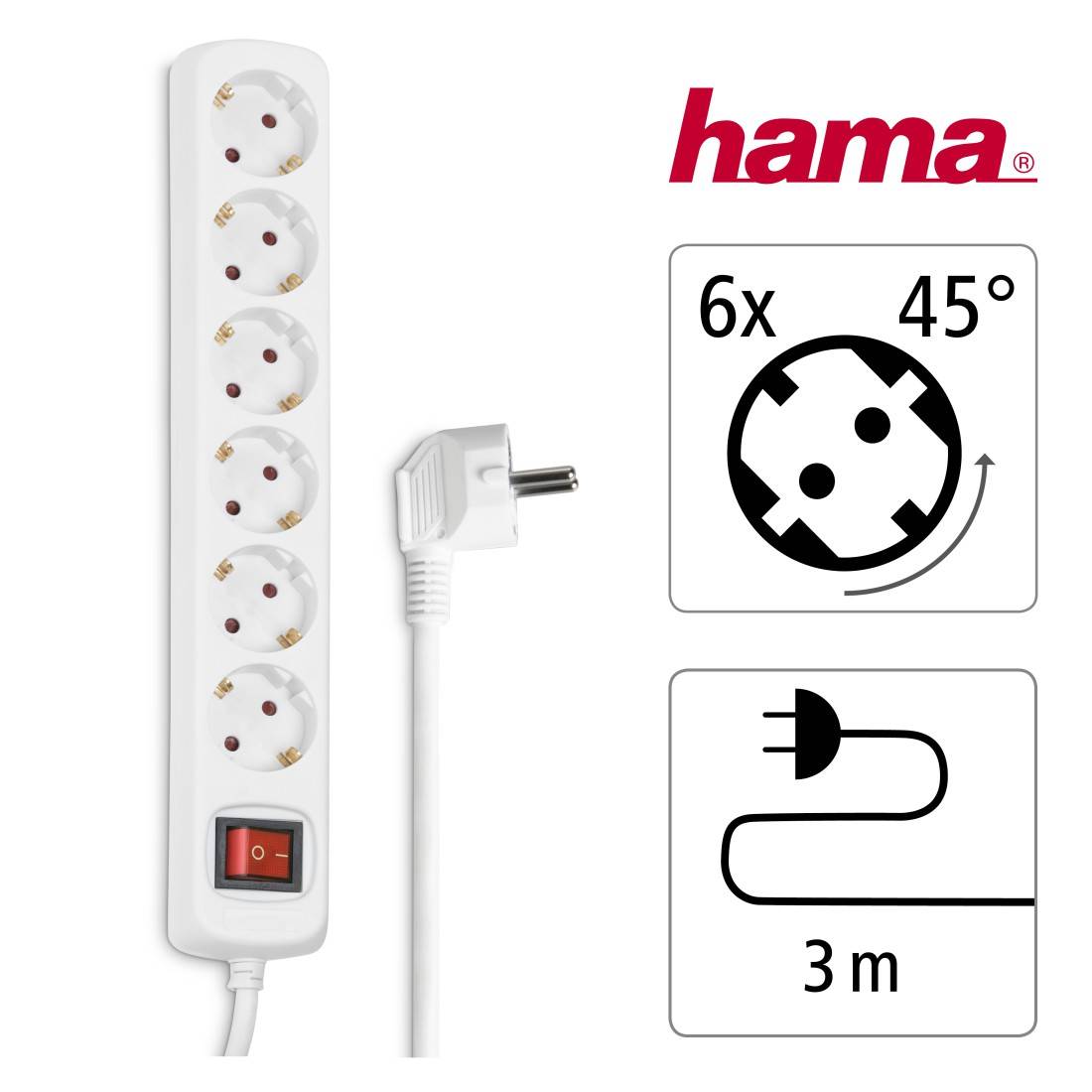 hama 00030533 Steckdosenleiste 6-fach, mit Schalter, 3 m, Weiß