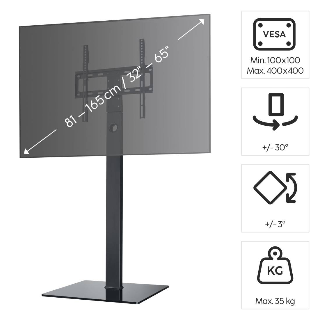 hama 00220868 TV-Ständer freistehend, schwenkbar, höhenverstellbar, 165cm (65") bis 35 kg