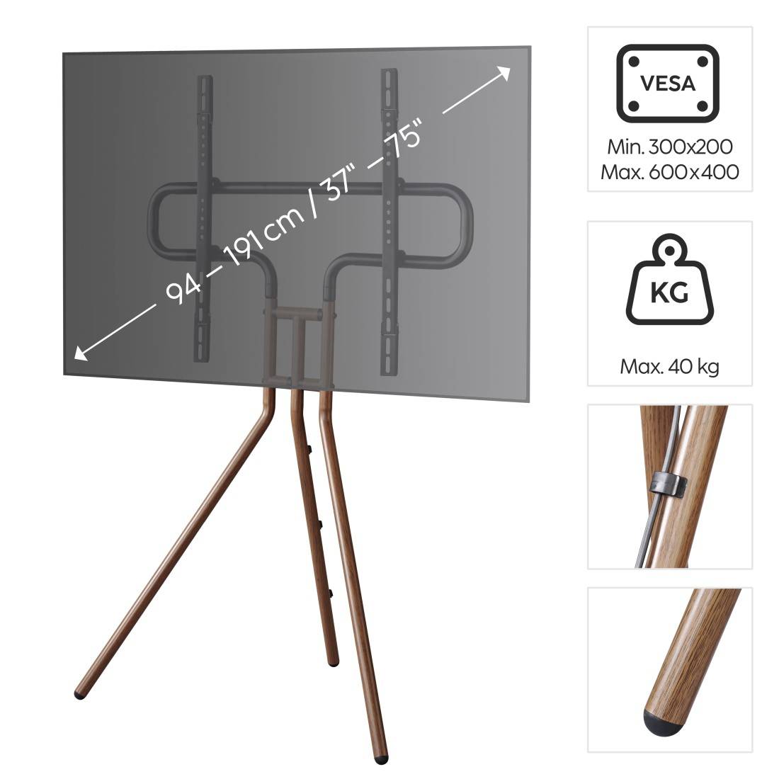 hama 00220872 TV-Stand "Staffelei-Design", 191 cm (75"), Höhe variabel, Holzoptik Walnuss