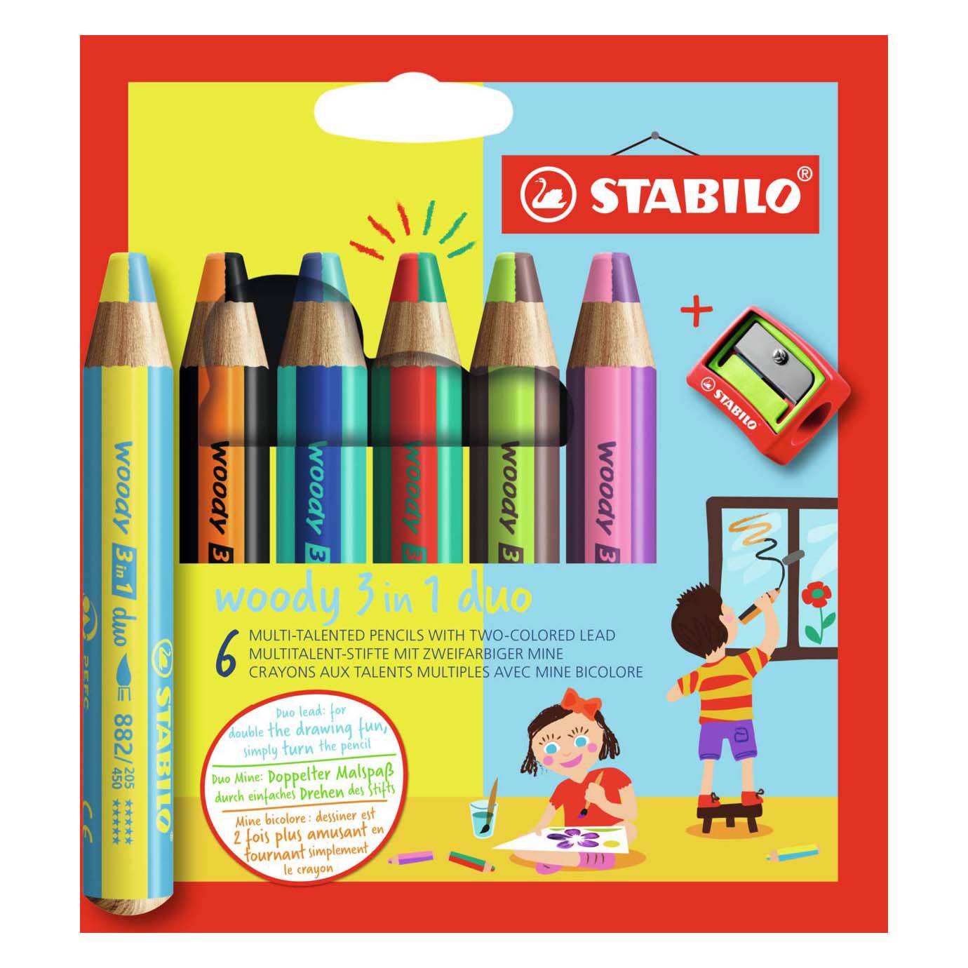 Down Bencil Stabilo Woody 3 in 1 Duo Penny 6 Stück + Bleistiftschärfer