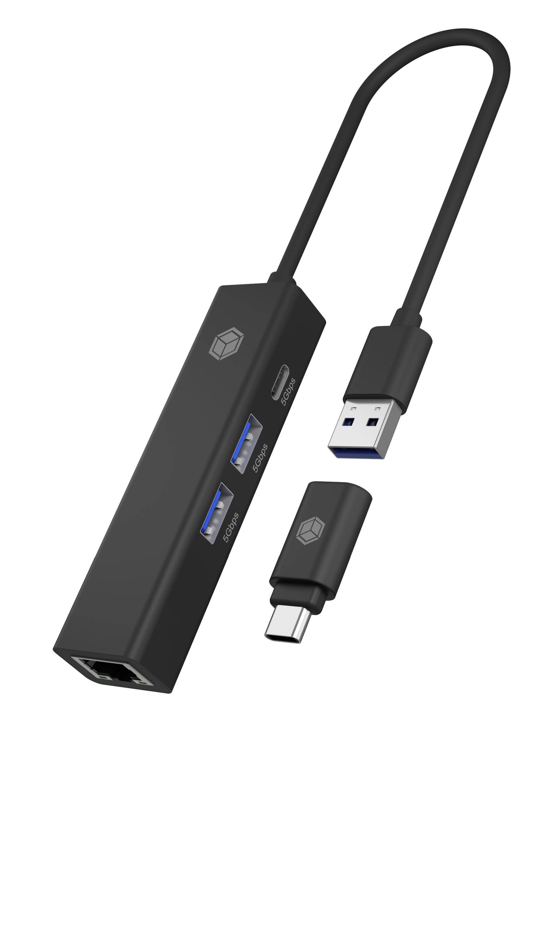 IB-HUB1439-LAN, USB 3.2 Gen 1 HUB und LAN Adapter, Type-A+C zu 2x USB-A & 1x USB-C® & Gigabit LAN, USB TYPE-A zu TYPE-C