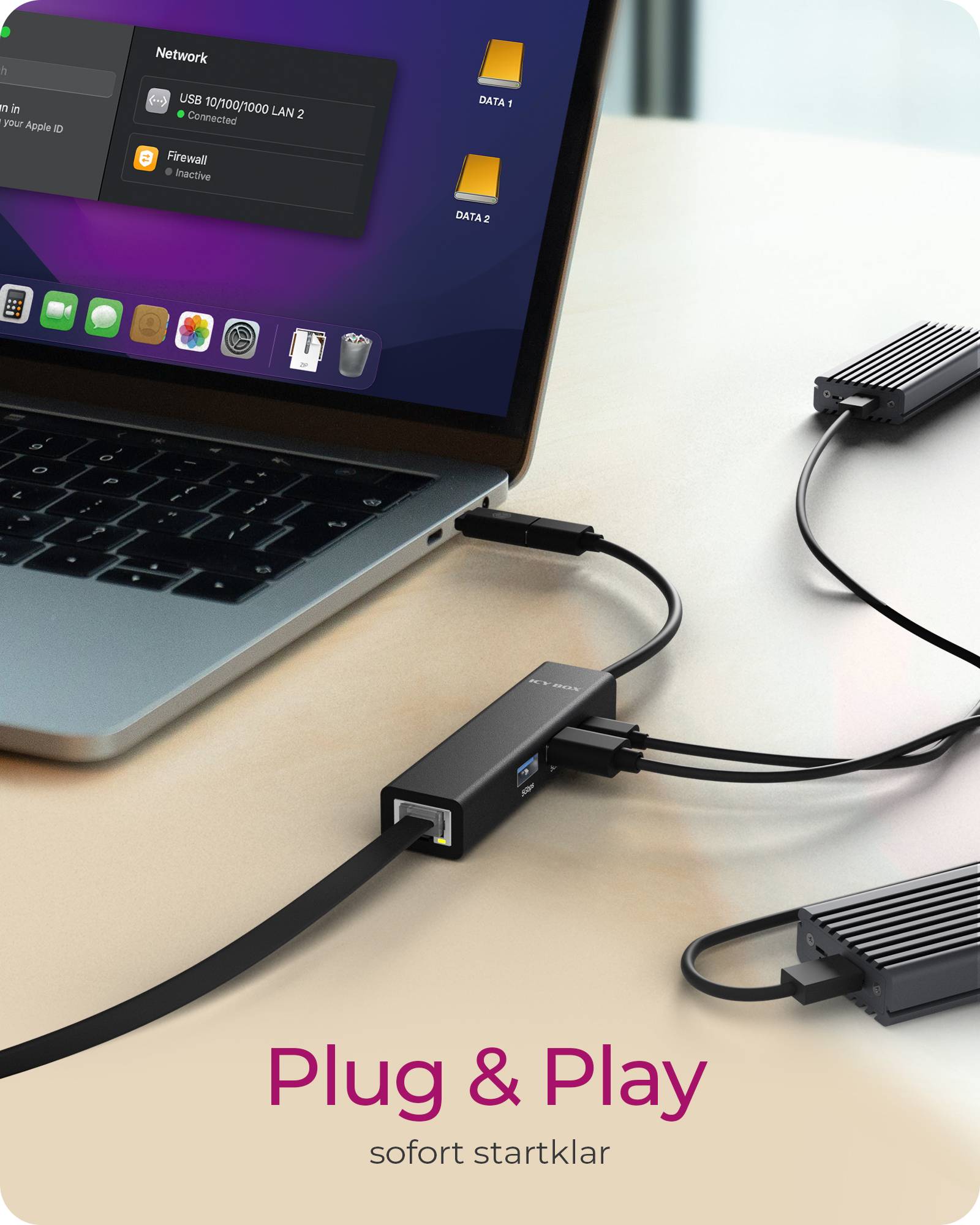 Adapter USB3.2 Gen1 Hub Gigabit LAN 4-in-1