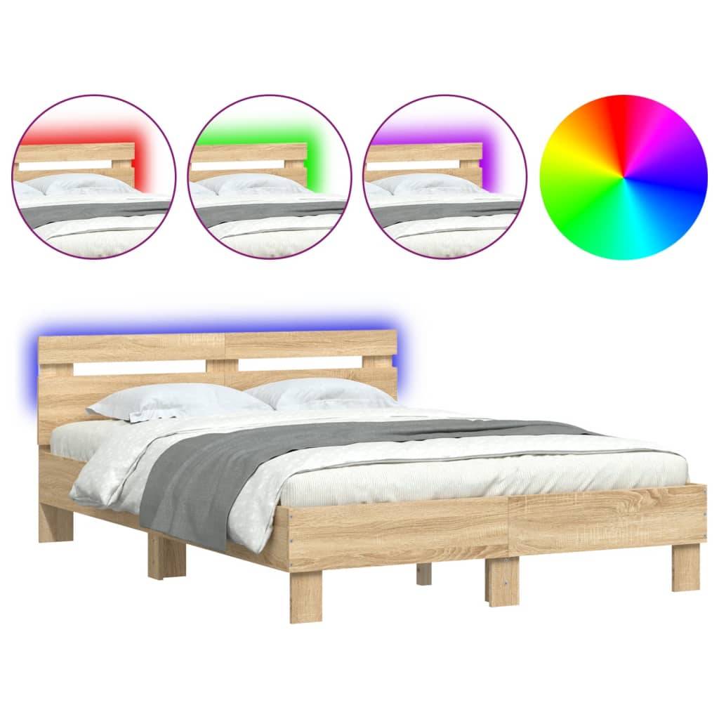 vidaXL Bettgestell mit Kopfteil LED-Beleuchtung Sonoma-Eiche 120x200cm