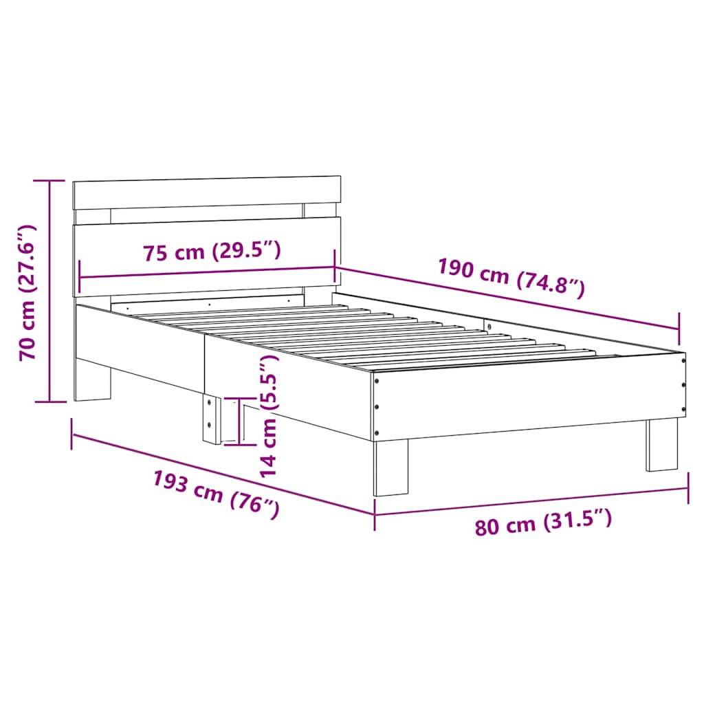 vidaXL Bettgestell mit Kopfteil und LED-Leuchten Braun Eiche 75x190 cm