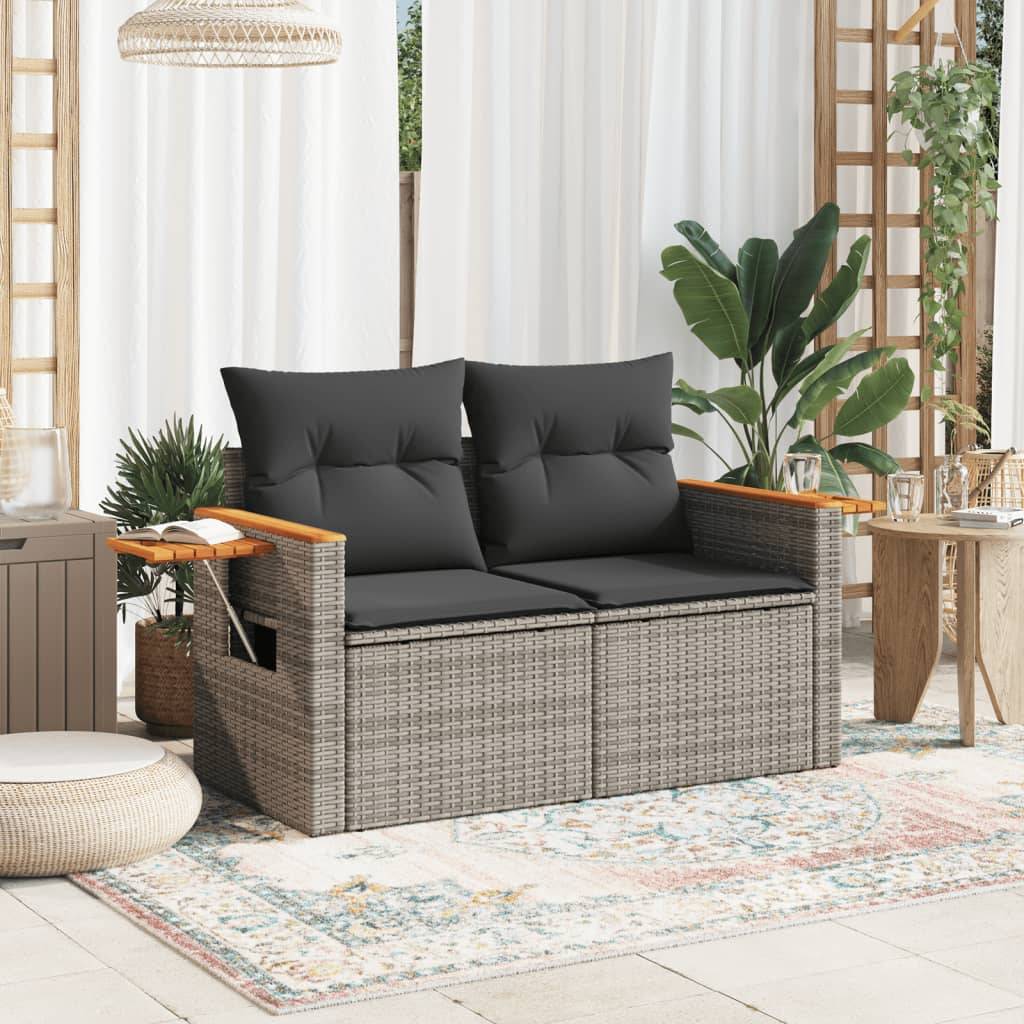 vidaXL Gartensofa 2-Sitzer mit Kissen Grau Poly Rattan