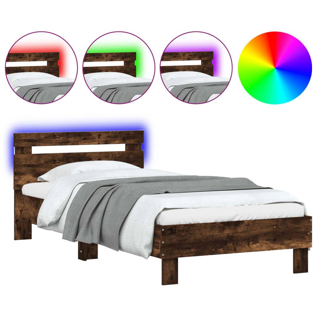 vidaXL Bettgestell mit Kopfteil und LED-Leuchten Räuchereiche 90x190cm