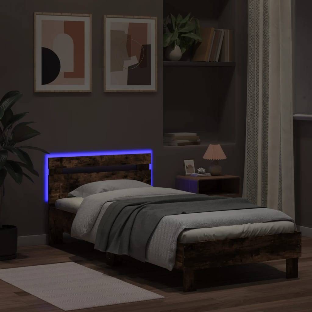 vidaXL Bettgestell mit Kopfteil und LED-Leuchten Räuchereiche 90x190cm