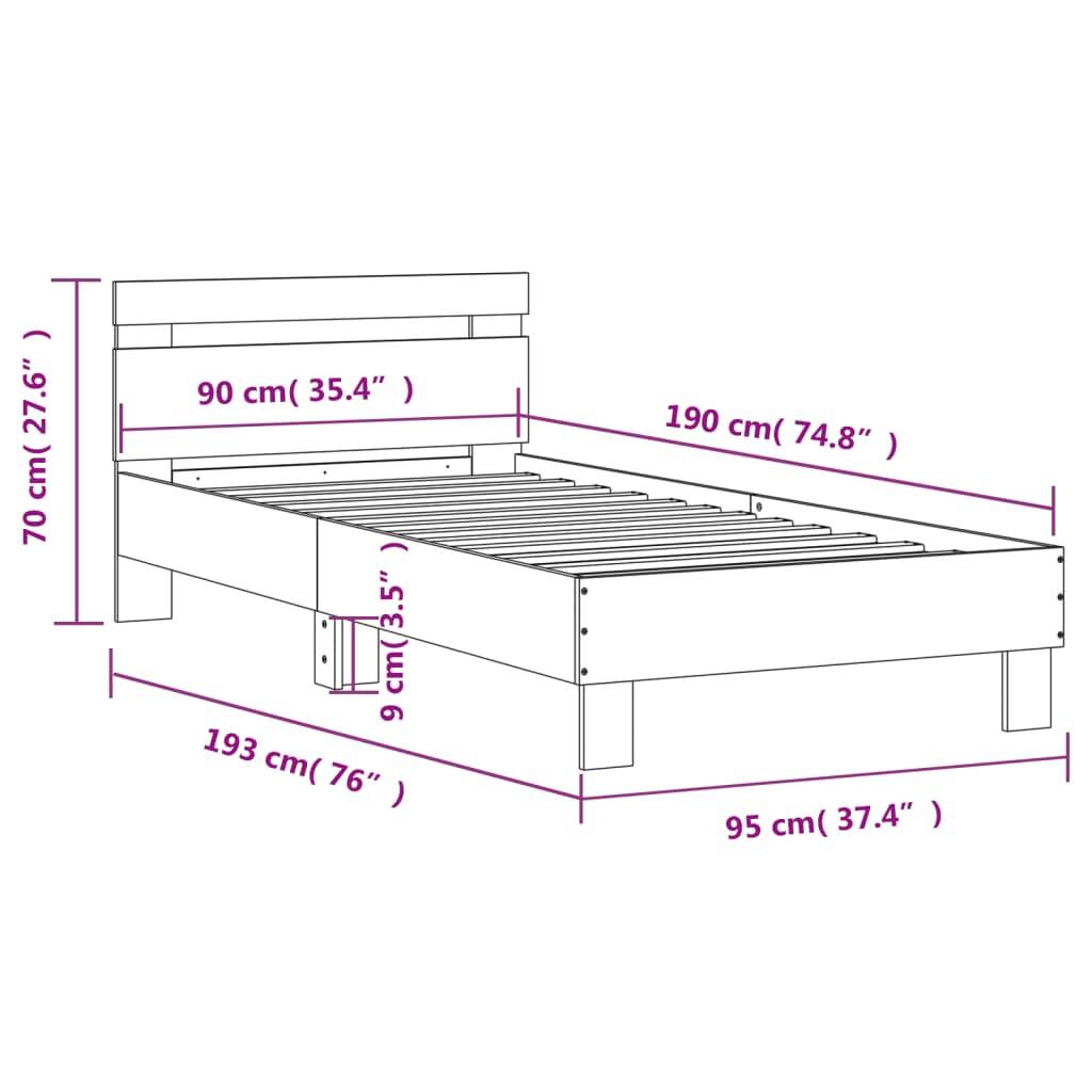 vidaXL Bettgestell mit Kopfteil und LED-Leuchten Räuchereiche 90x190cm