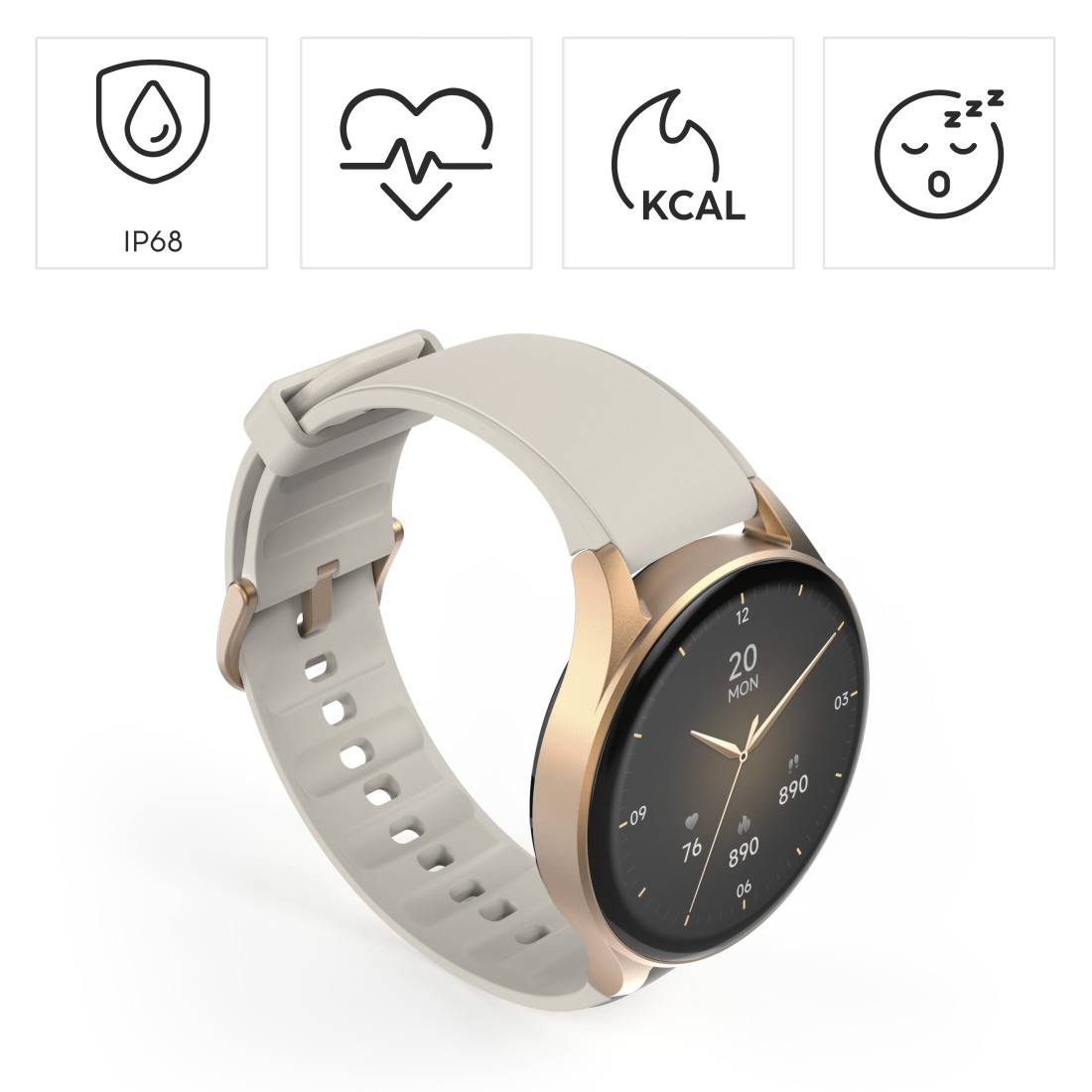 Hama 8900 GPS AMOLED Smartwatch 1,32 Zoll beigem Silikonarmband - Gold