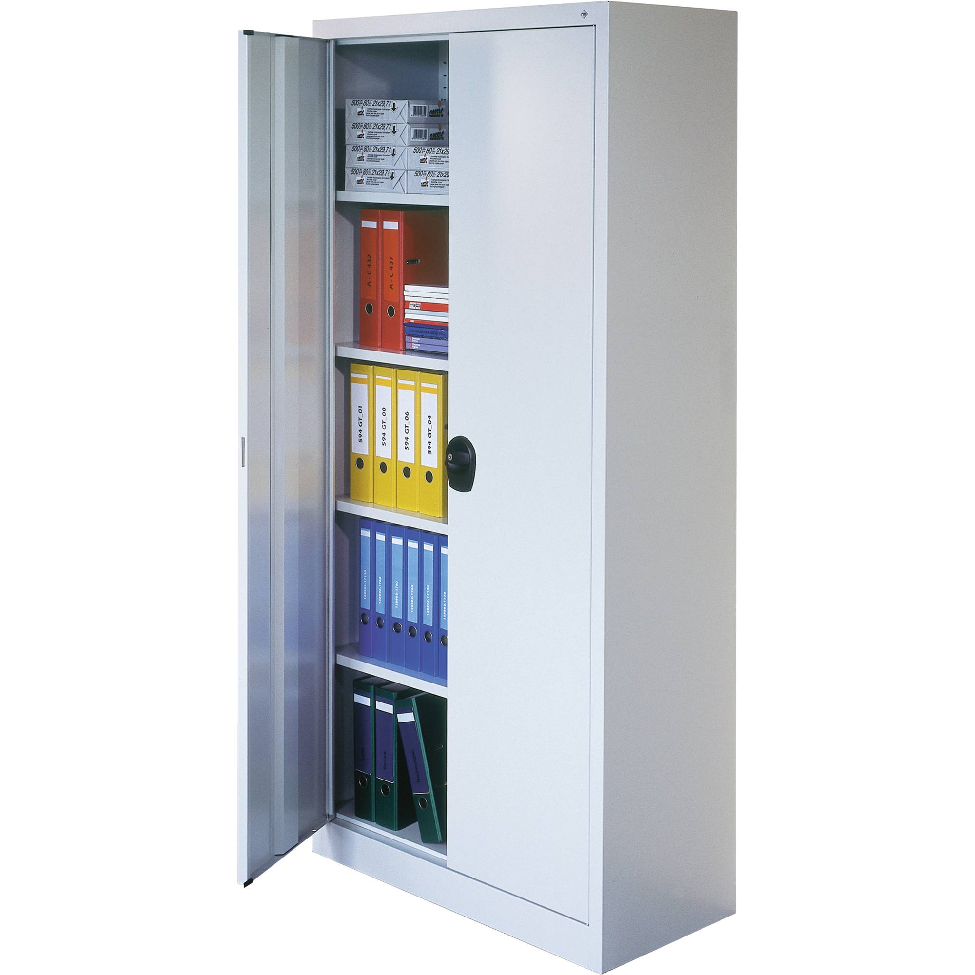 Aktenschrank mit Flügeltüren, Büroschrank, abschließbar, 4 Fachböden, Farbe lichtgrau, 1.950 x 940 x 400 mm (HxBxT)