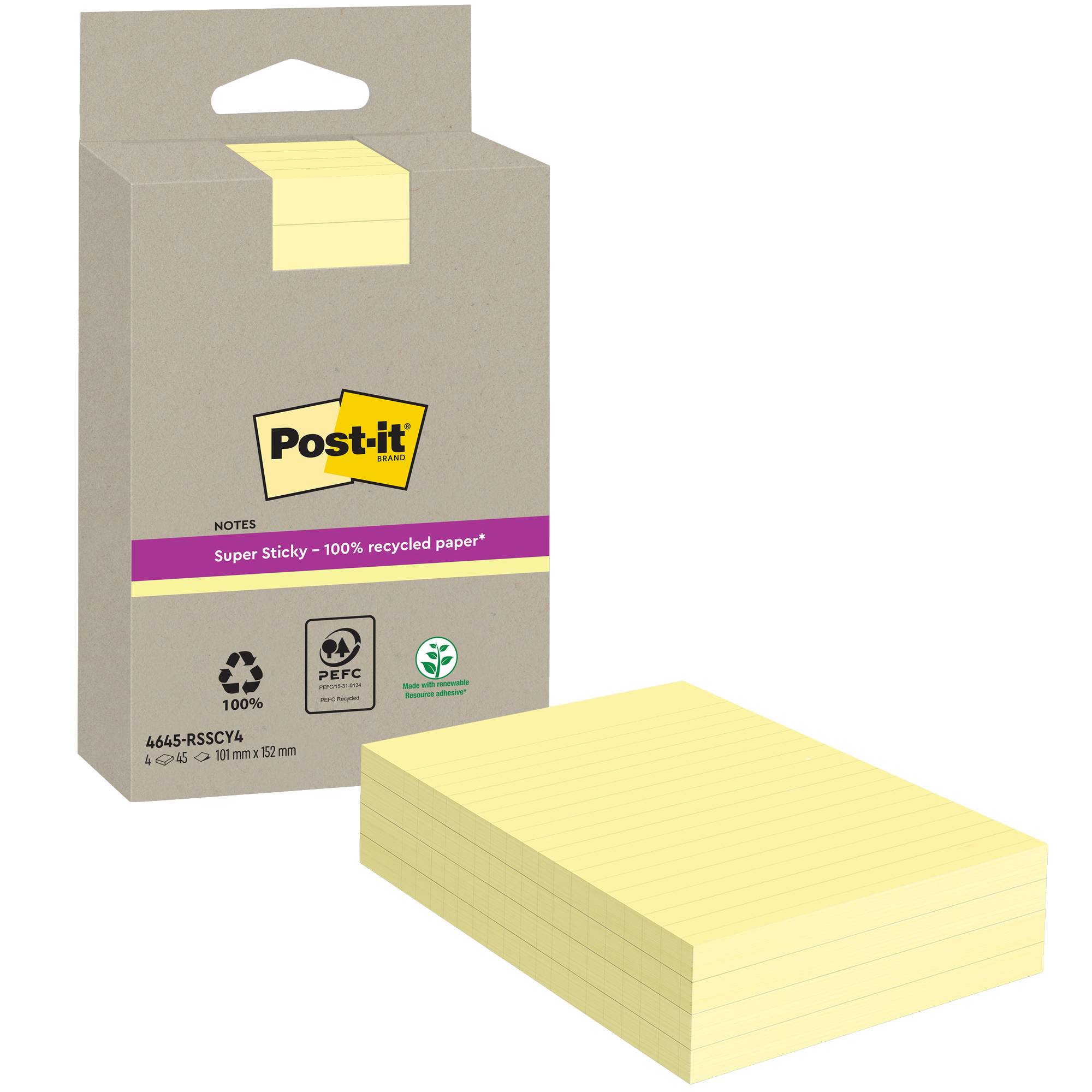 Post-it Haftnotiz Super Sticky 4645-RSSCY4 102x152mm 45Bl. ge 4St.
