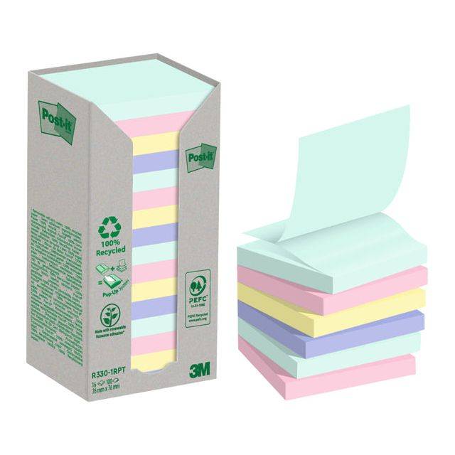 Haftnotizblock Recycling Notes - 76 x 76 mm sortiert 16 x 100 Blatt.