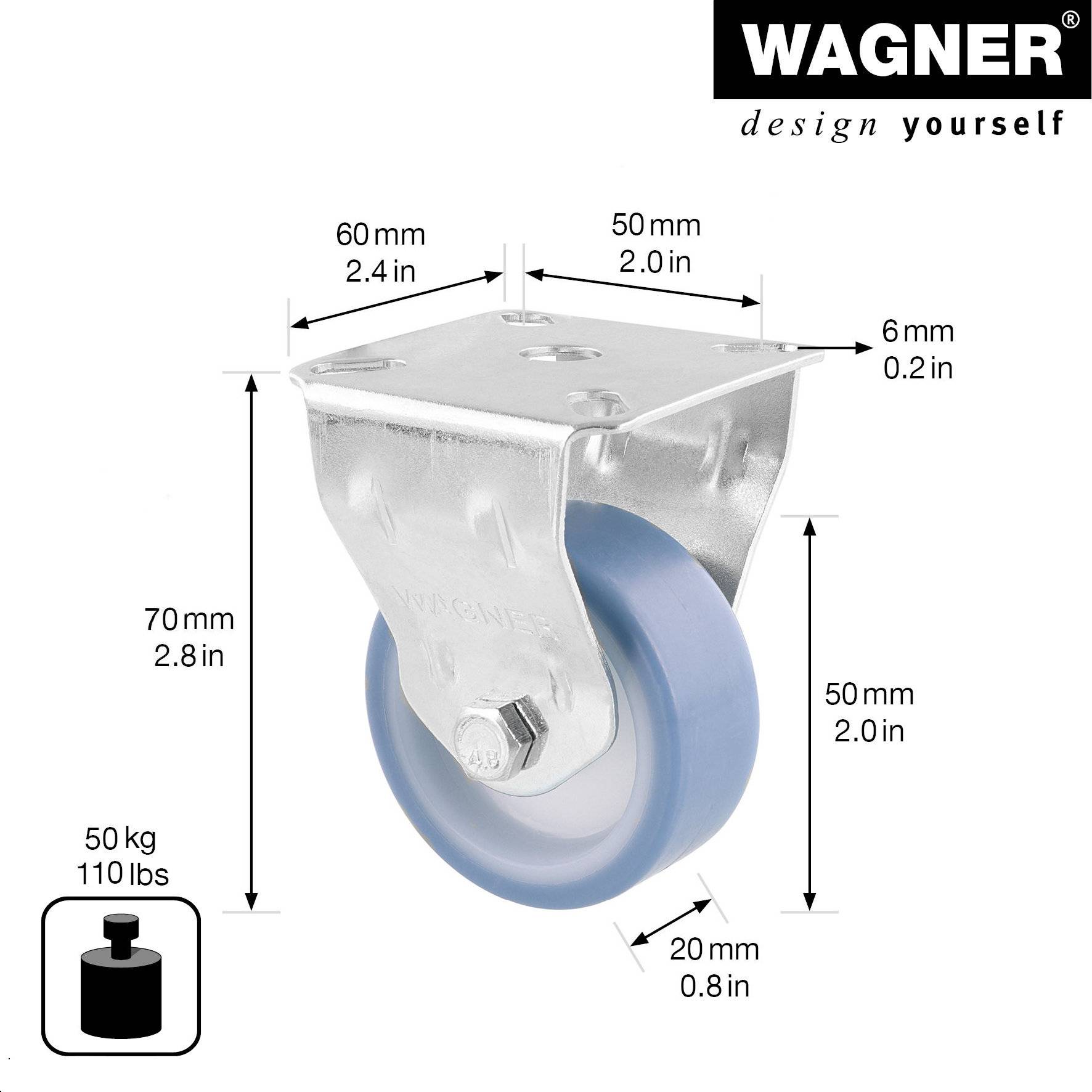 WAGNER Soft-Möbelrolle/Bockrolle ECO - Ø 50 mm, Stahl verzinkt, blau/weiß, Anschraubplatte, Tragkraft 50 kg - 23755001