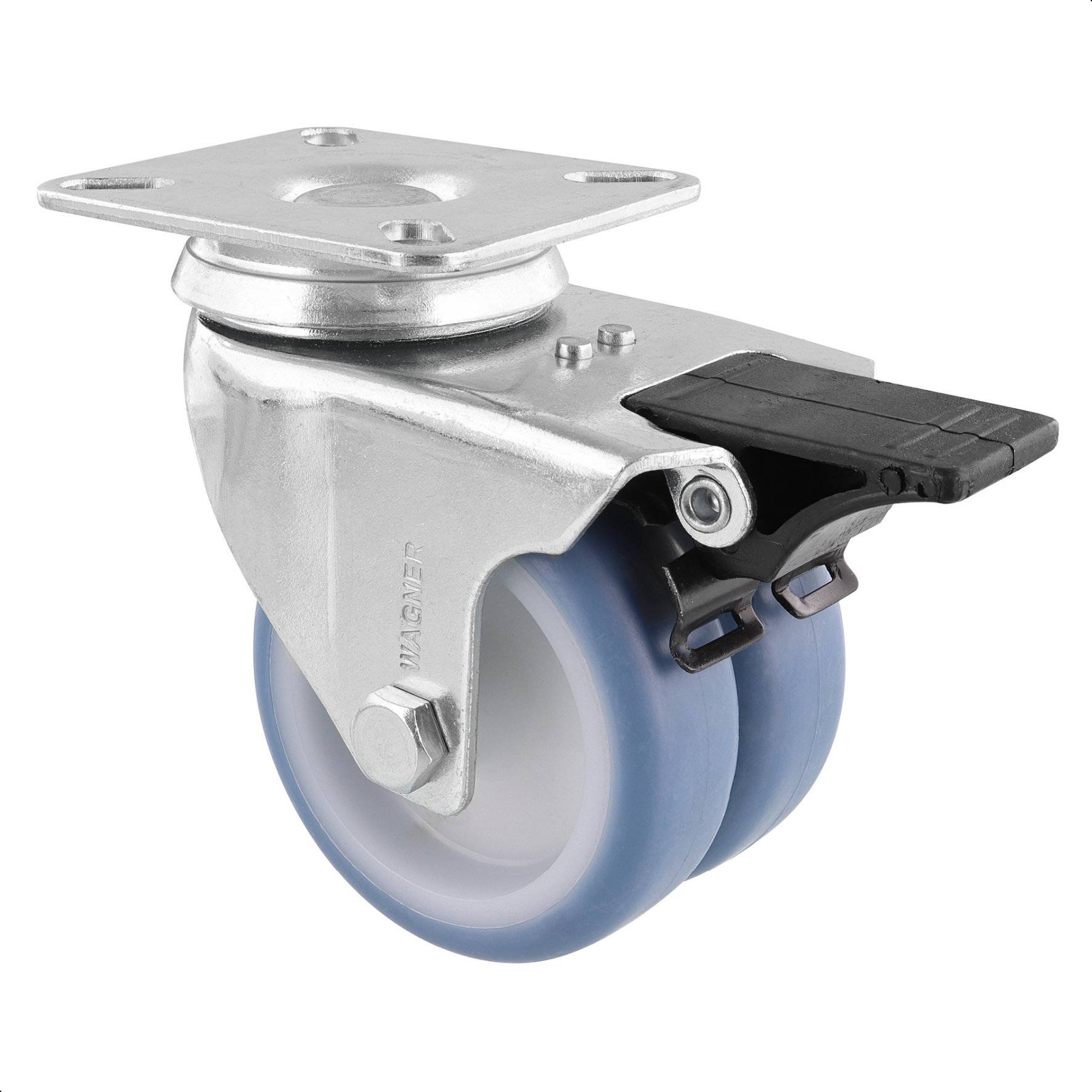 WAGNER Soft-Doppelrolle ECO - Ø 75 mm, Bremse, Stahl verzinkt, blau/weiß, Anschraubplatte, Tragkraft 100 kg - 03357701