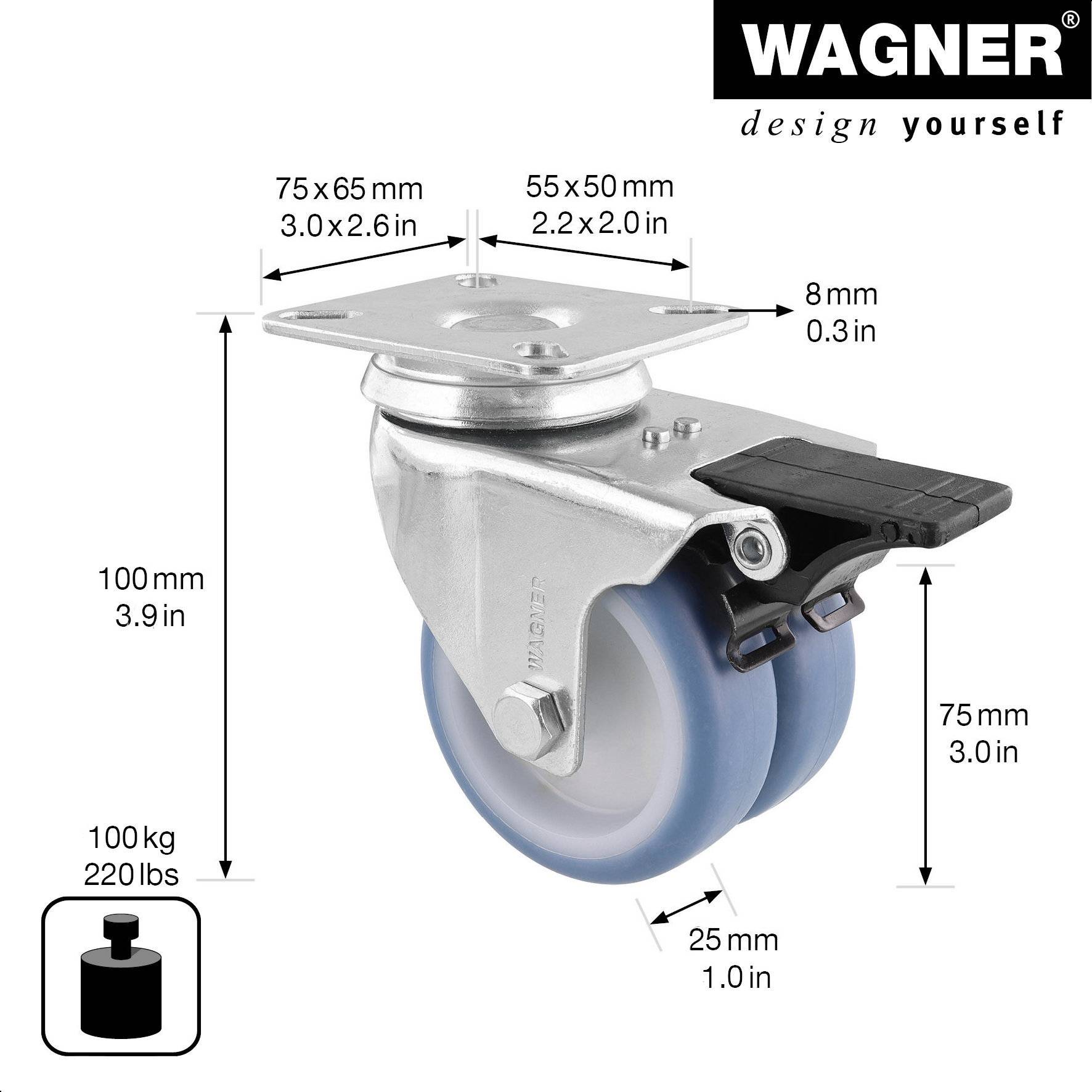 WAGNER Soft-Doppelrolle ECO - Ø 75 mm, Bremse, Stahl verzinkt, blau/weiß, Anschraubplatte, Tragkraft 100 kg - 03357701