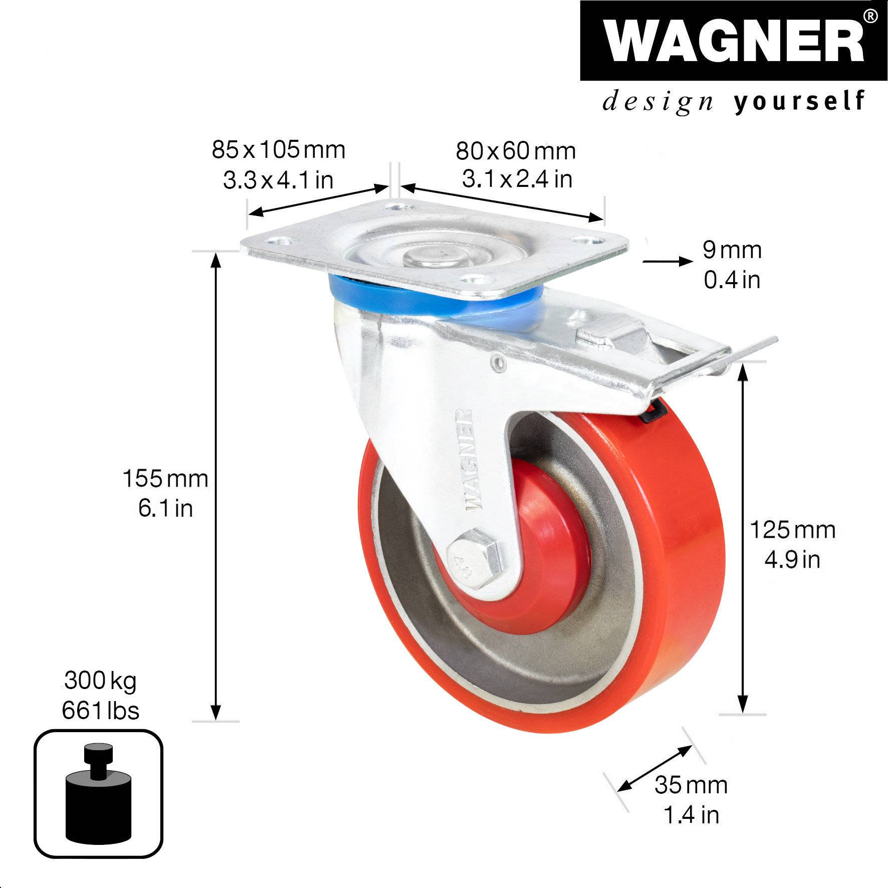 Wagner design yourself Schwerlast-Lenkrolle RO 0225 rot (4022501)