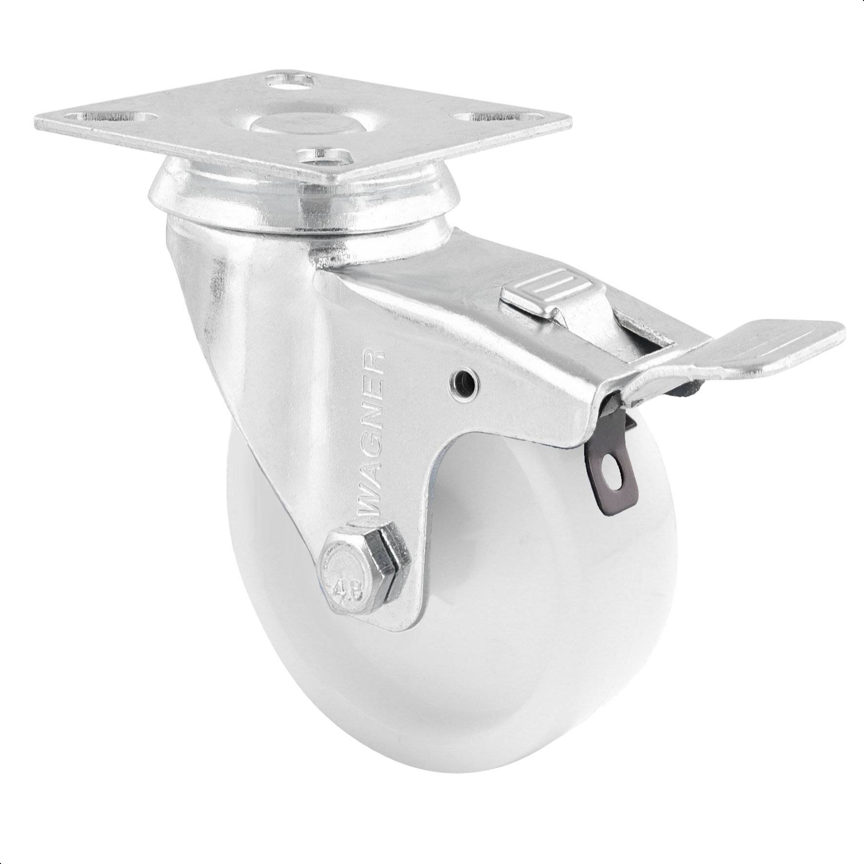 WAGNER Lenkrolle - Ø 75 mm, Stahl verzinkt, weiß, Feststeller, Anschraubplatte, Tragkraft 60 kg - 03367501