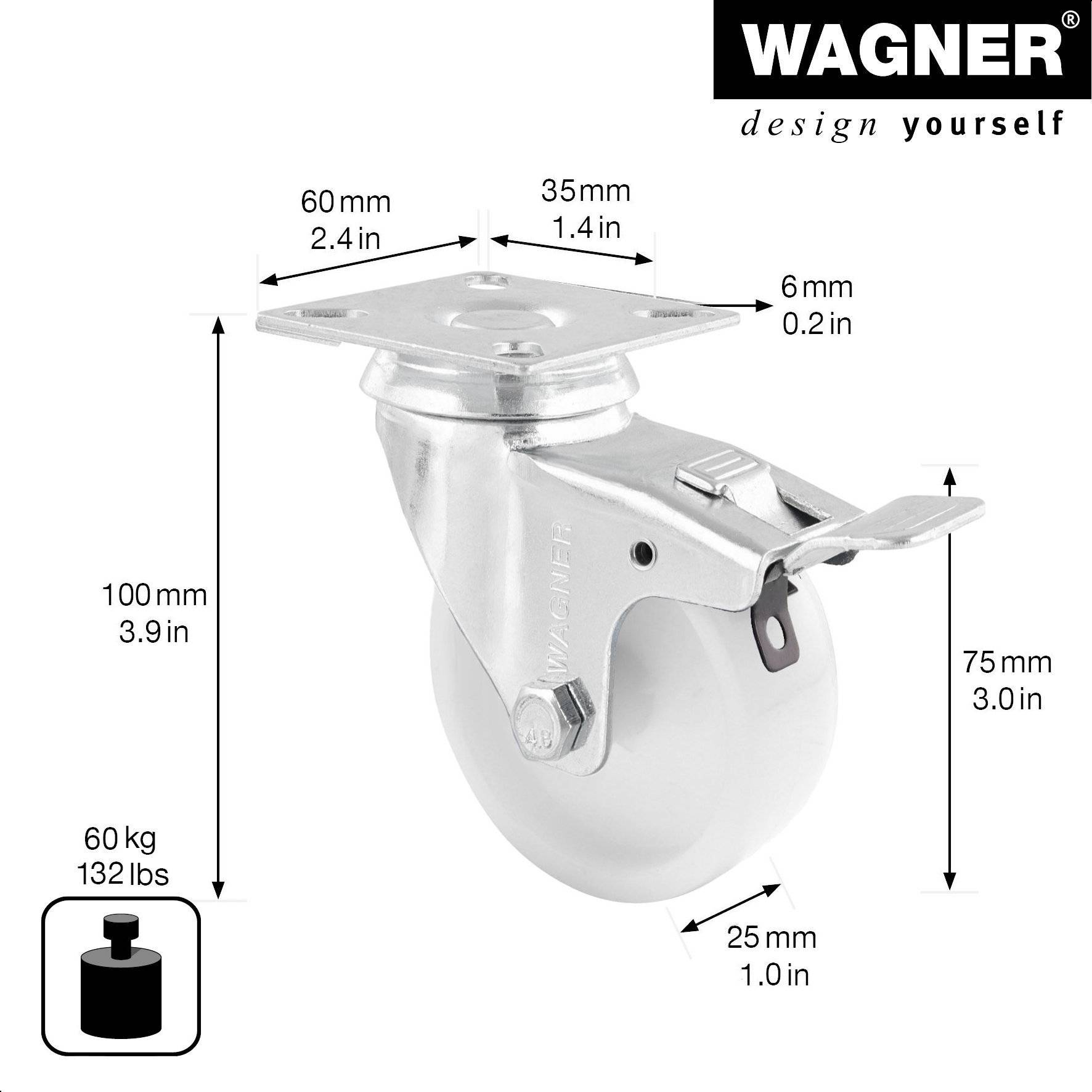 WAGNER Lenkrolle - Ø 75 mm, Stahl verzinkt, weiß, Feststeller, Anschraubplatte, Tragkraft 60 kg - 03367501