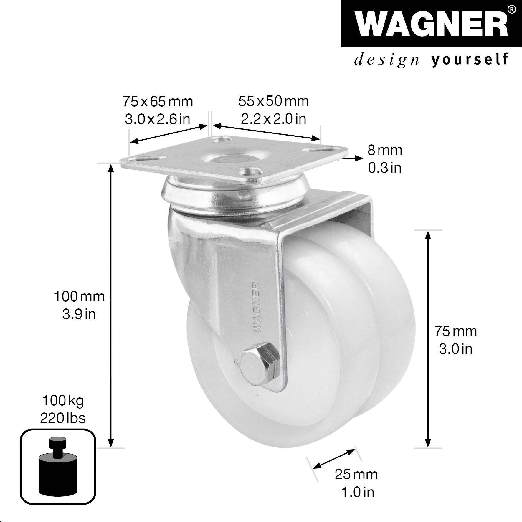 WAGNER Lenkrolle Doppelrolle ECO - Ø 75 mm, Stahl verzinkt, weiß, Anschraubplatte, Tragkraft 100 kg - 03127701