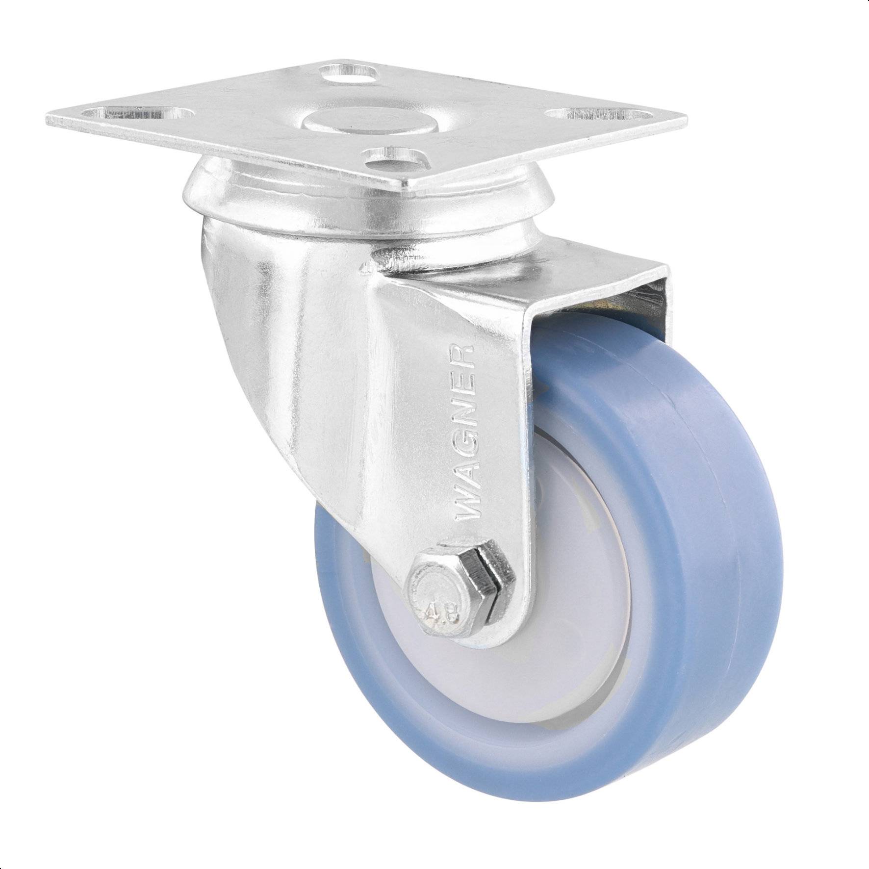 WAGNER Soft-Lenkrolle DELUXE - Ø 50 mm, Stahl verzinkt, blau/weiß, Anschraubplatte, Tragkraft 50 kg - 03175101