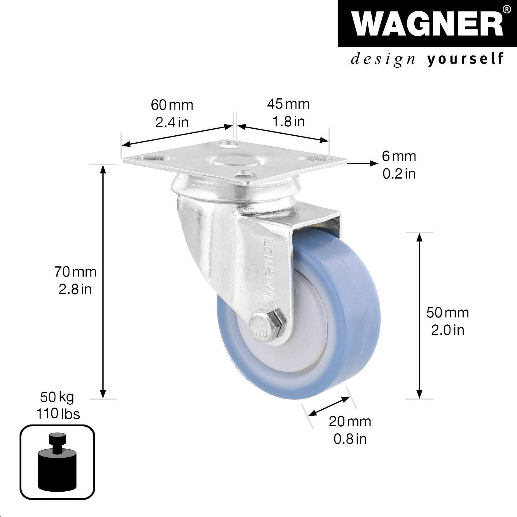 WAGNER Soft-Lenkrolle DELUXE - Ø 50 mm, Stahl verzinkt, blau/weiß, Anschraubplatte, Tragkraft 50 kg - 03175101