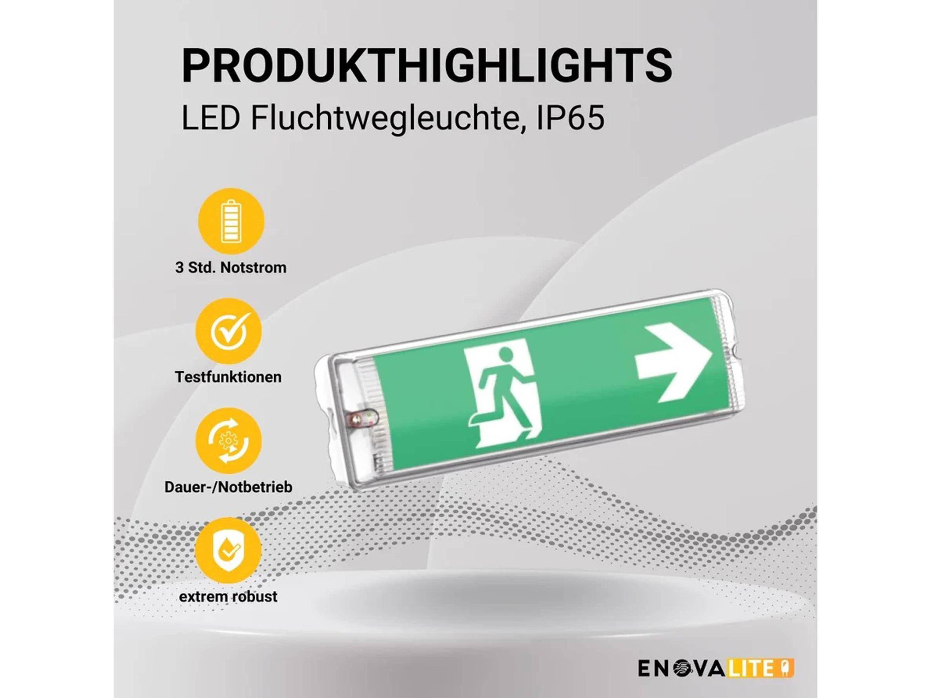 ENOVALITE - ELED200100 - LED Fluchtwegleuchte, Notausgang mit Notstromeinheit, Test Funktion, Wandmontage, IP65