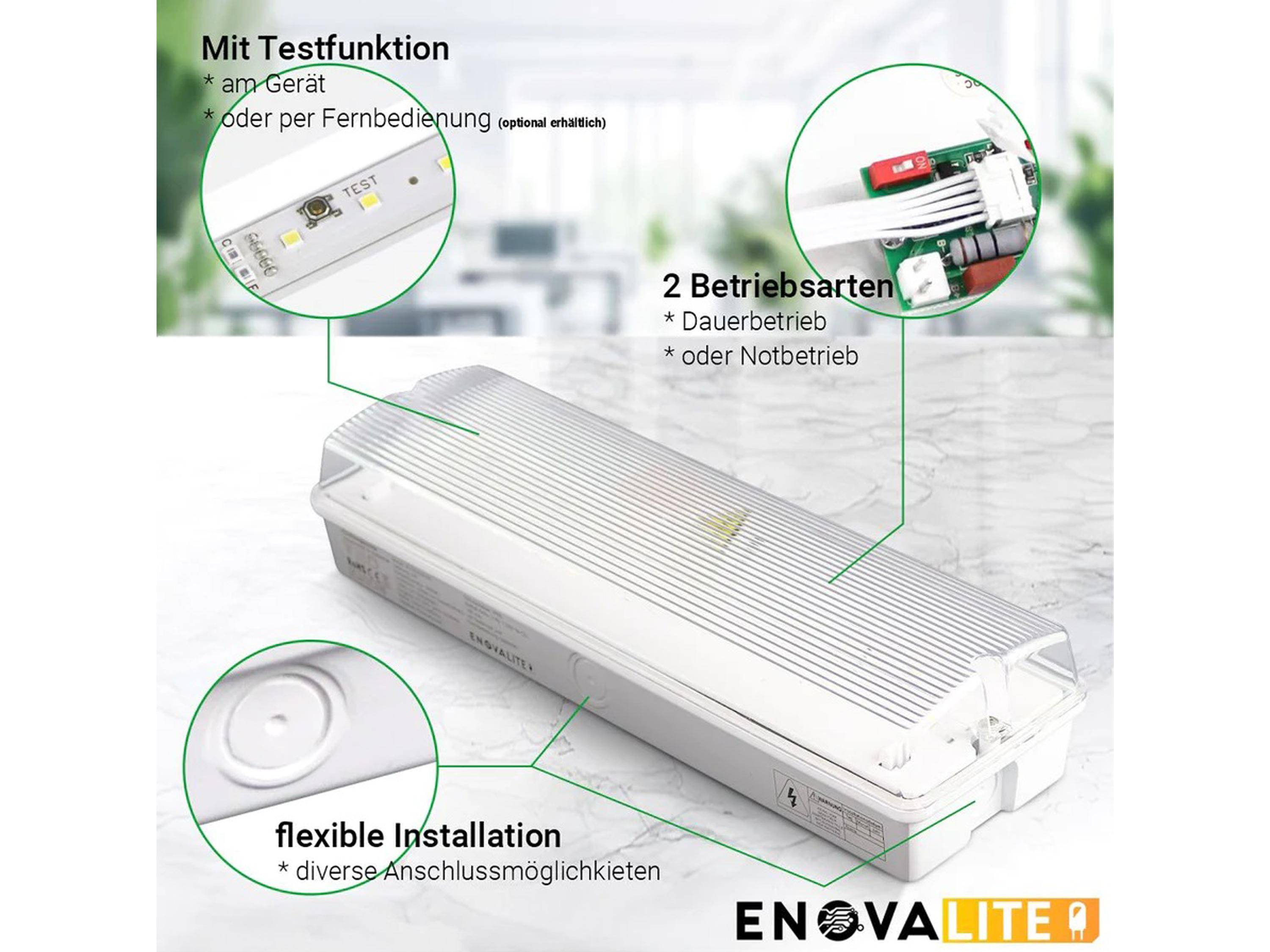 ENOVALITE - ELED200100 - LED Fluchtwegleuchte, Notausgang mit Notstromeinheit, Test Funktion, Wandmontage, IP65