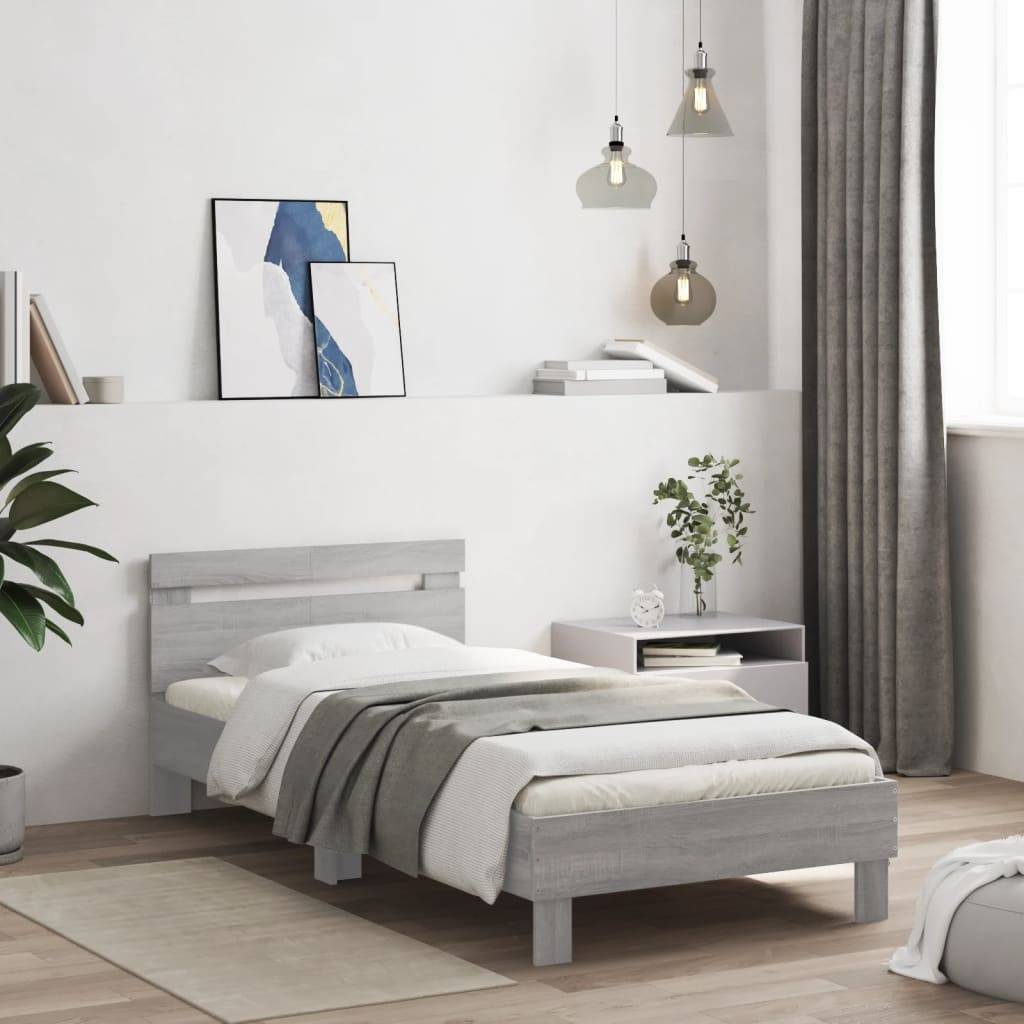 vidaXL Bettgestell mit Kopfteil und LED-Leuchten Grau Sonoma 100x200cm