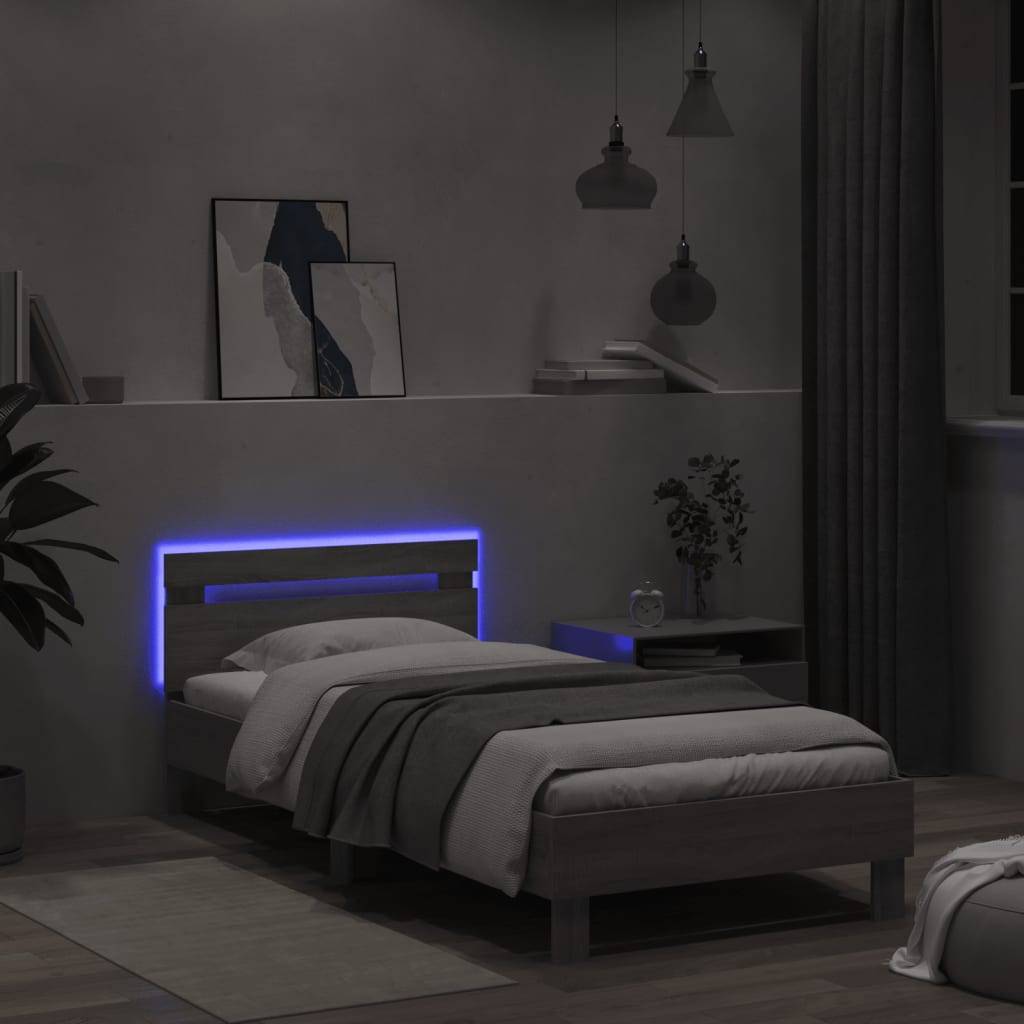 vidaXL Bettgestell mit Kopfteil und LED-Leuchten Grau Sonoma 100x200cm