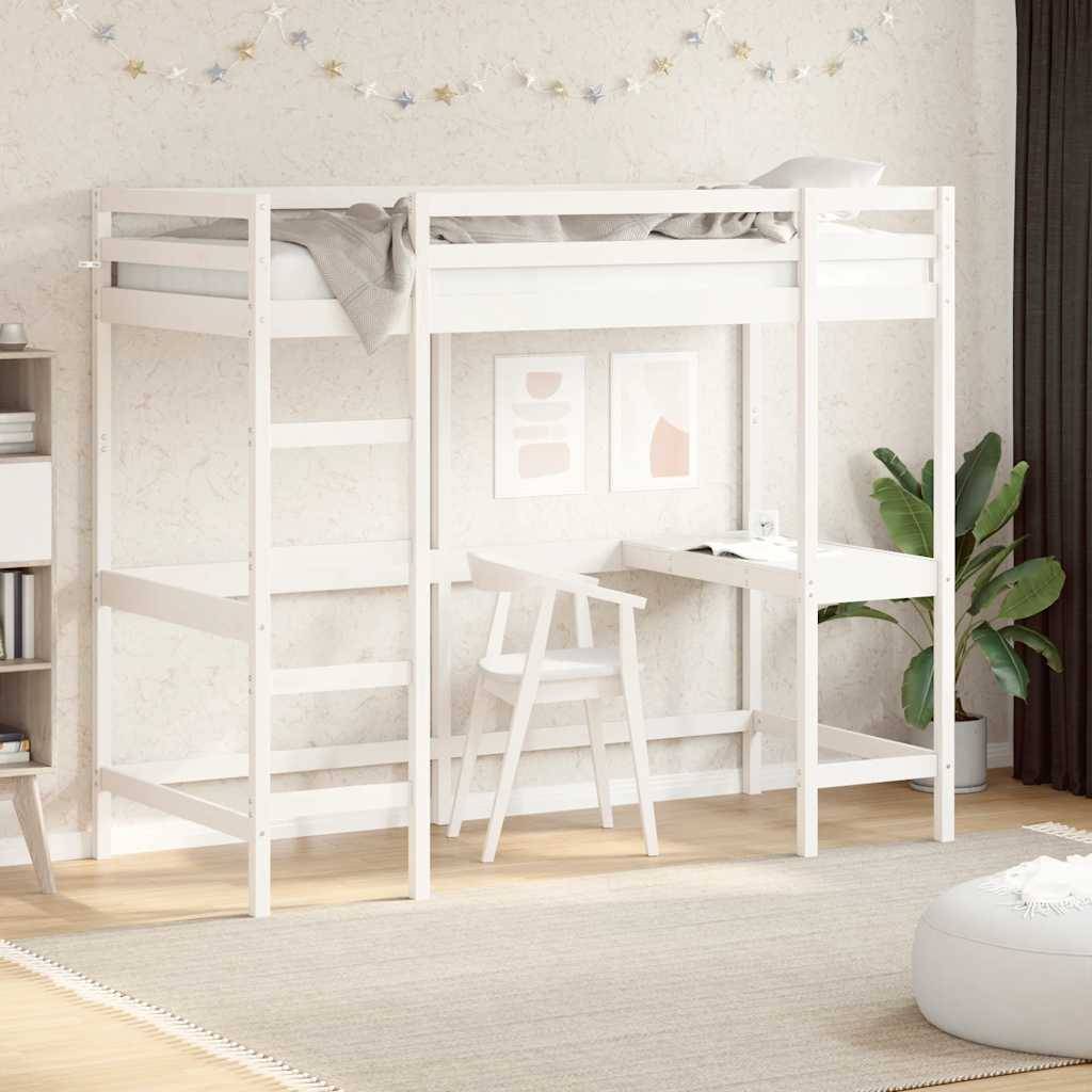 vidaXL Hochbett mit Schreibtisch Weiß 90x190 cm Massivholz Kiefer