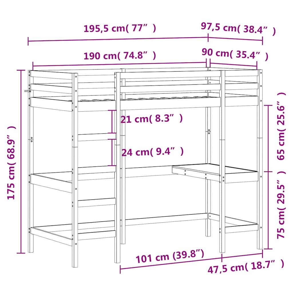vidaXL Hochbett mit Schreibtisch Weiß 90x190 cm Massivholz Kiefer