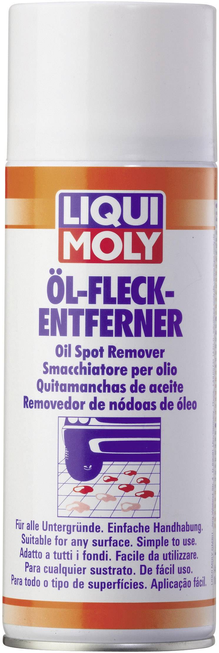 Sprühdose Liqui Moly Öl-Fleck-Entferner auf weißem Hintergrund. Text auf der Dose in mehreren Sprachen erklärt die Anwendung.