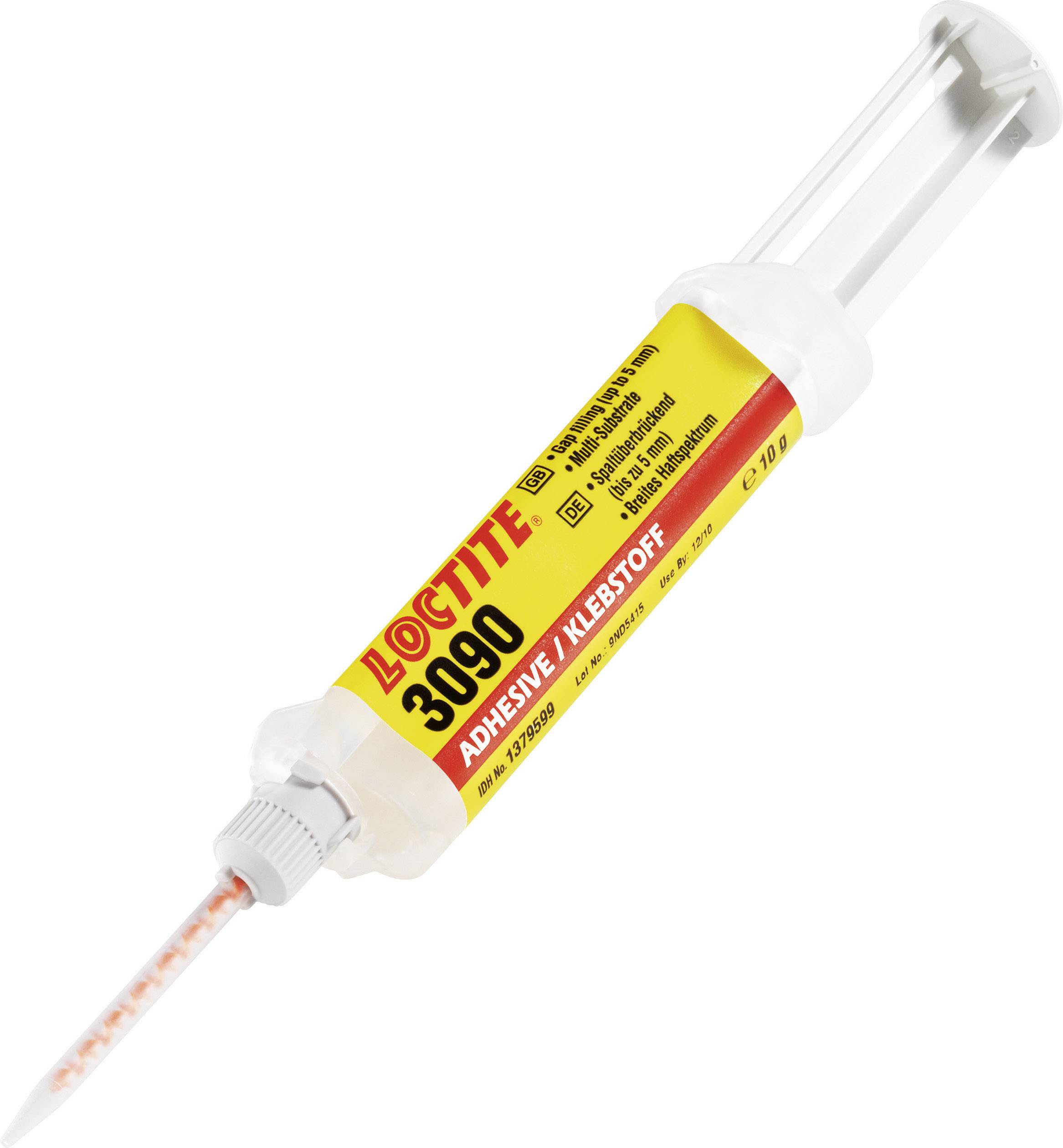 Eine Spritze mit rotem und gelbem Etikett, das 'Loctite 3090' und 'Adhesive/Klebstoff' anzeigt.