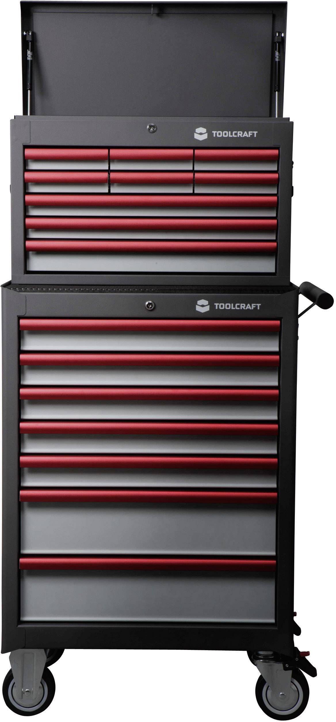 Ein mobiler schwarzer Werkzeugkasten mit mehreren Schubladen und roten Griffen, auf Rollen. Obere Klappe geöffnet, Schubladen geschlossen.