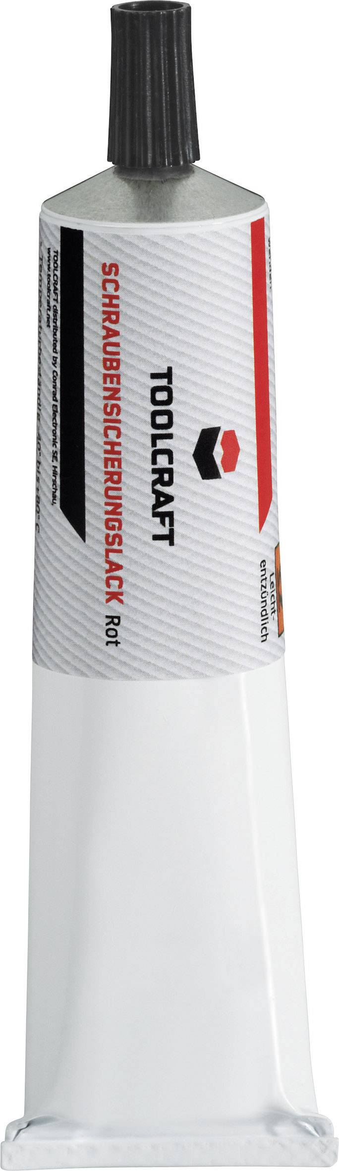 Eine Tube Schraubensicherungslack der Marke Toolcraft. Das Etikett ist schwarz, rot und weiß mit einem Logo und Beschreibung.