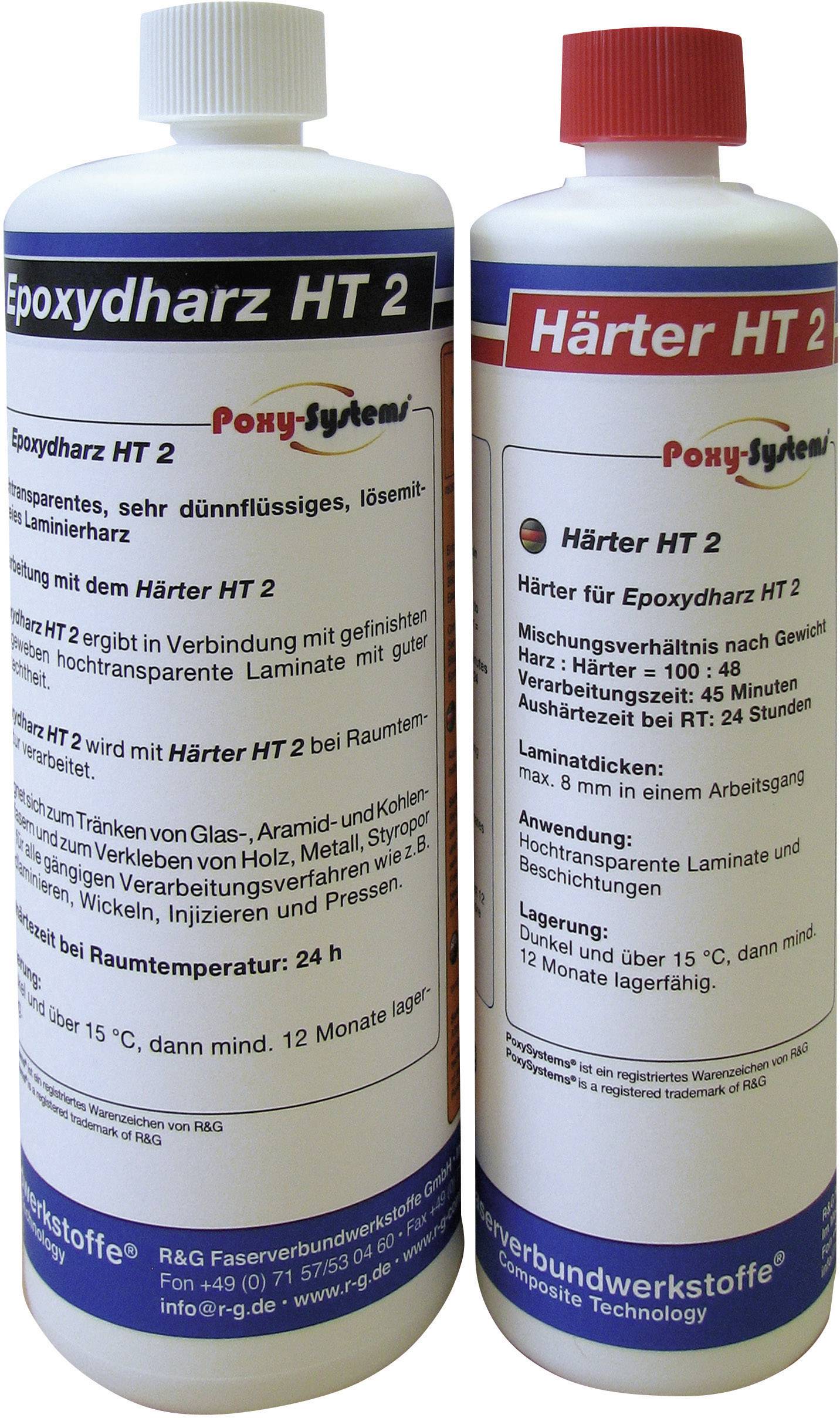 Eine Flasche 'Epoxidharz HT 2' und eine Flasche 'Härter HT 2' von Pony-System. Beide sind zum Laminieren von Glas- und Aramidfasern geeignet.