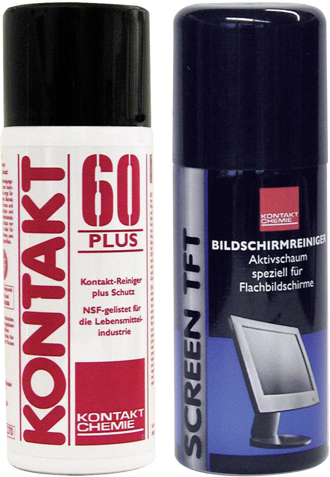 'KONTAKT 60 PLUS' Spray und 'SCREEN TFT' Bildschirmreiniger. Der erste reinigt Kontakte; der zweite entfernt Schmutz von Bildschirmen.