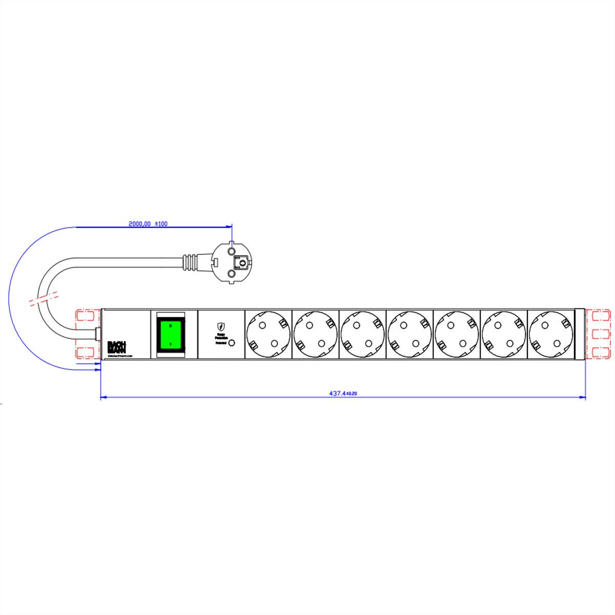 Bachmann 19" 1HE 7xCEE7/3 800.39341xSPD-Plus 1xSchalter 2 0m CEE7/7" -