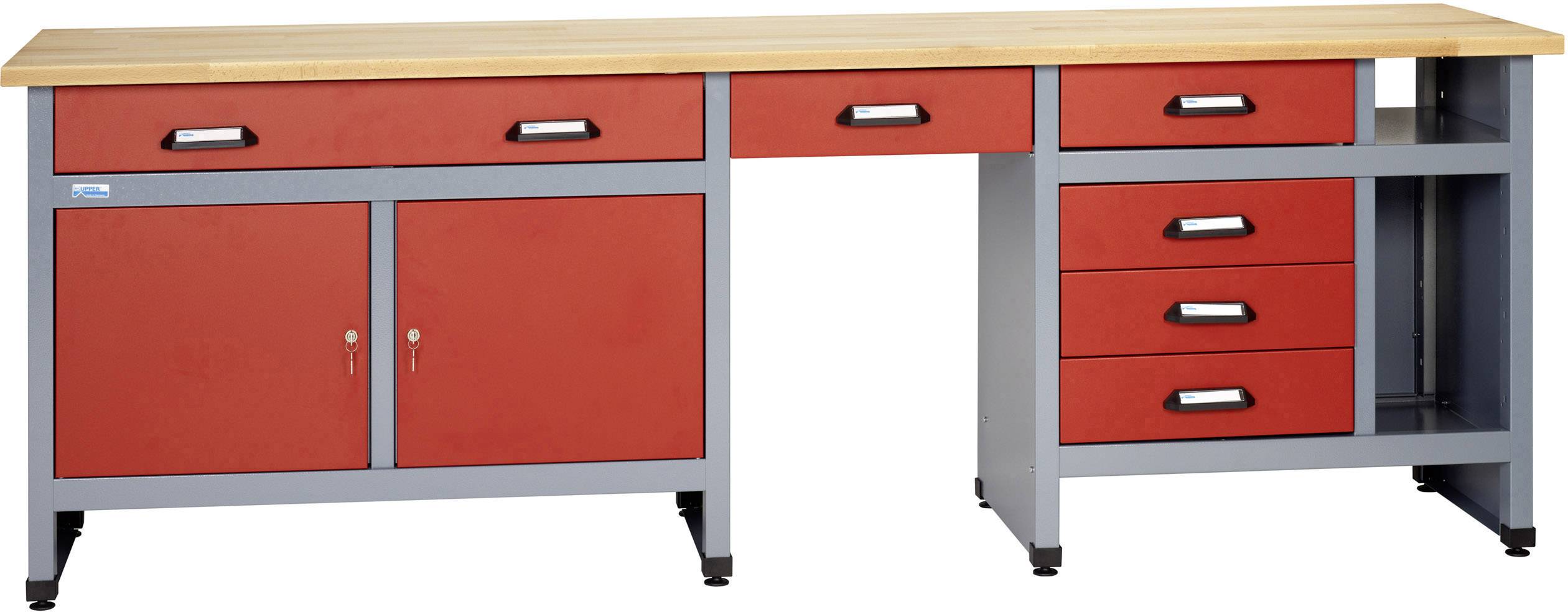 Rote und graue Werkbank mit Holzplatte. Links zwei Türen, in der Mitte ein Schrank und rechts vier Schubladen.