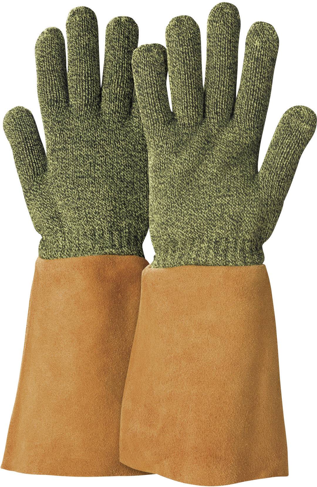 Zwei Handschuhe aus grünem Stoff mit orangefarbenen Lederstulpen, geeignet für Gartenarbeit oder Schutz.