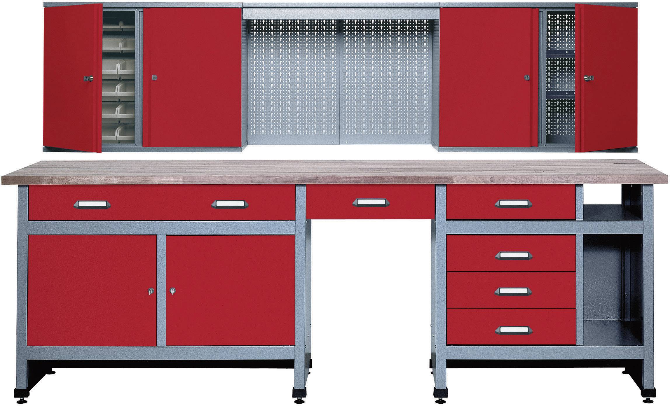 Eine rote Metallwerkbank mit mehreren Schränken, Regalen und Schubladen für die Werkstattorganisation.