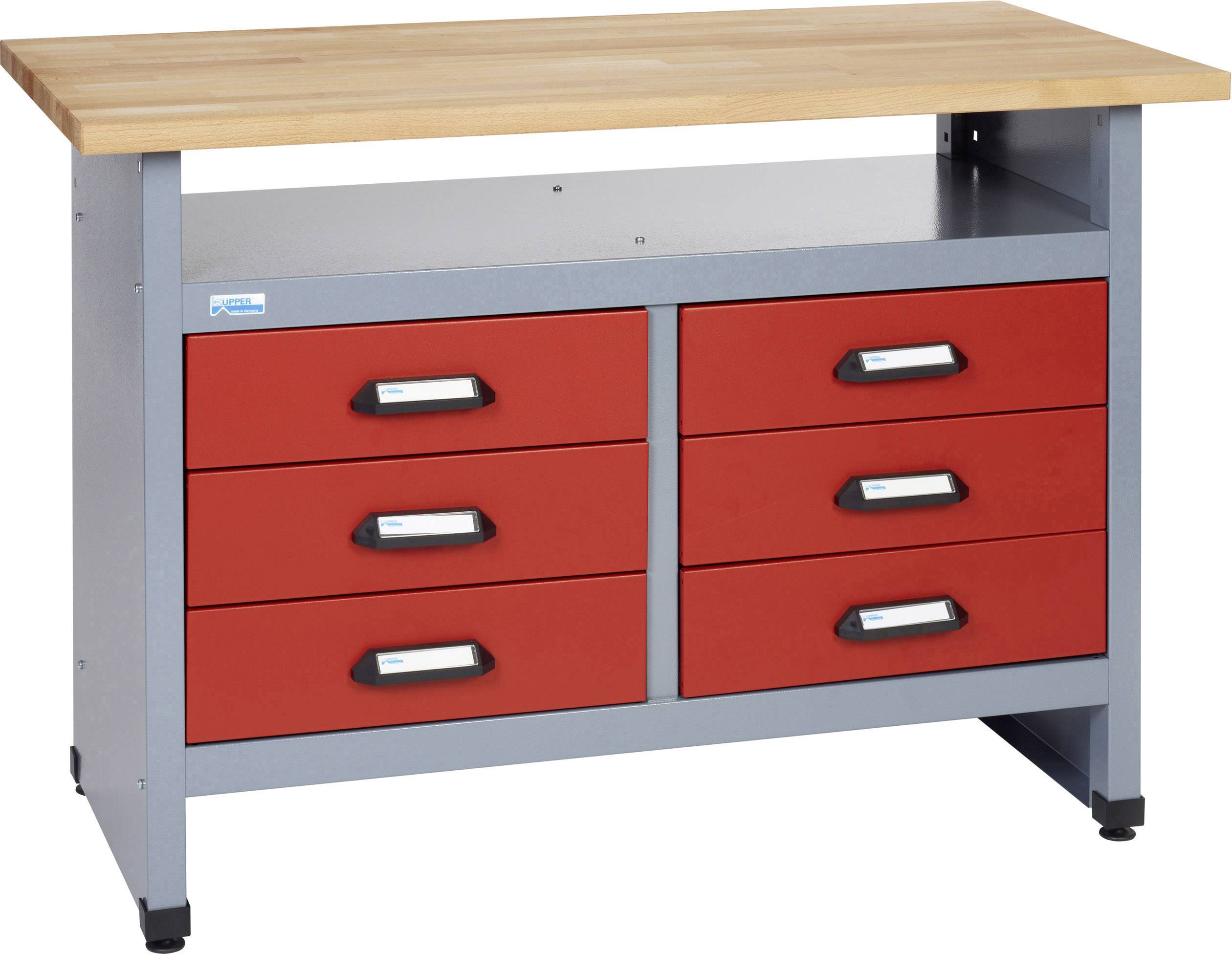 Werkbank mit Holzplatte und sechs roten Schubladen, drei links und drei rechts, auf einem grauen Gestell.