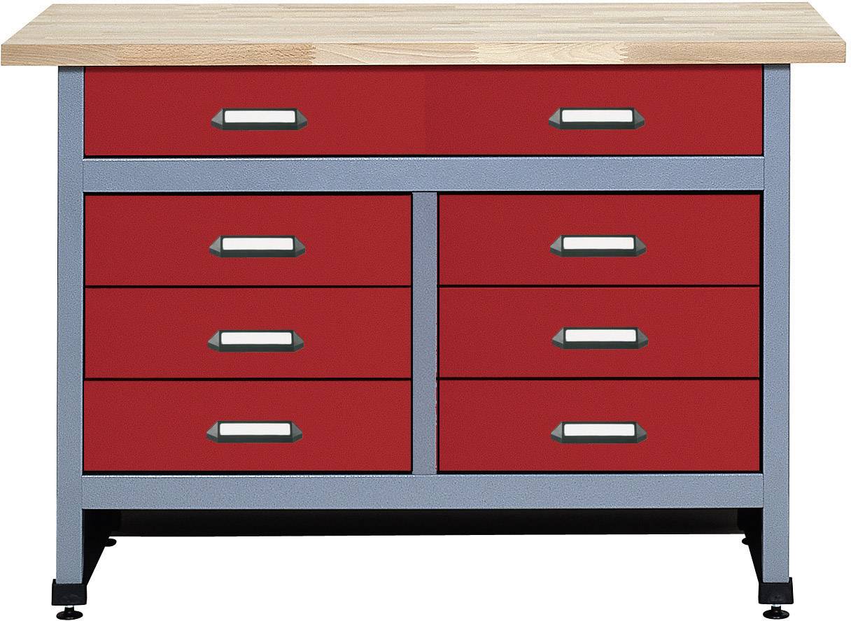 Roter Werkbank mit Holztischplatte, acht Schubladen in zwei Reihen, Metallrahmen, auf verstellbaren Füßen.