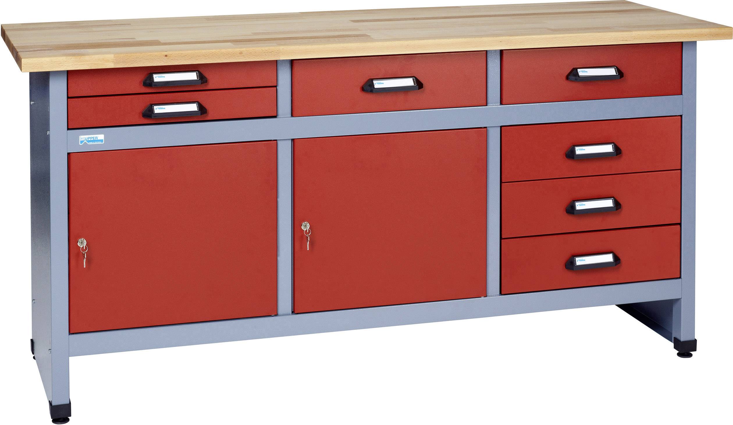 Werkbank mit Holzplatte, darunter rote Schubladen und Schränke. Ideal für Werkstattorganisation und Werkzeugaufbewahrung.