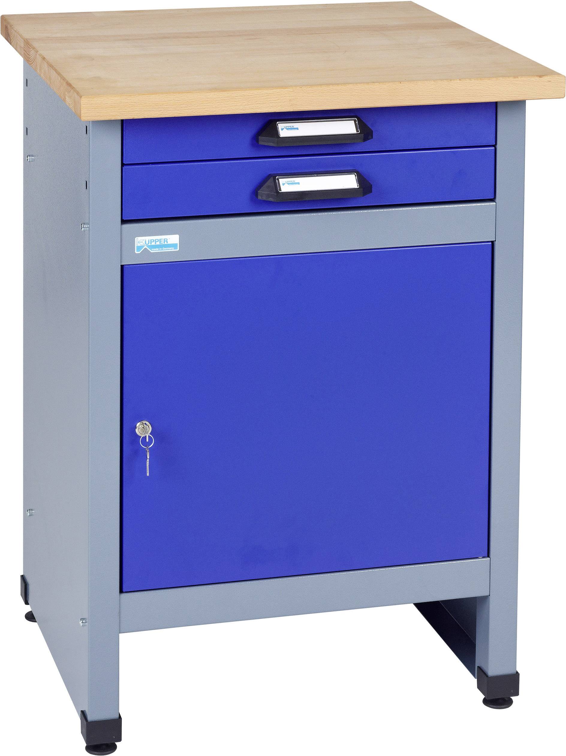 Metall-Geflechtwerkbank mit blauer Schublade und Tür, Holzoberfläche, stehender Stil, für industrielle oder handwerkliche Nutzung.