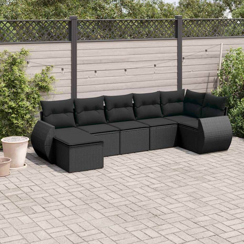 vidaXL 7-tlg. Garten-Sofagarnitur mit Kissen Schwarz Poly Rattan