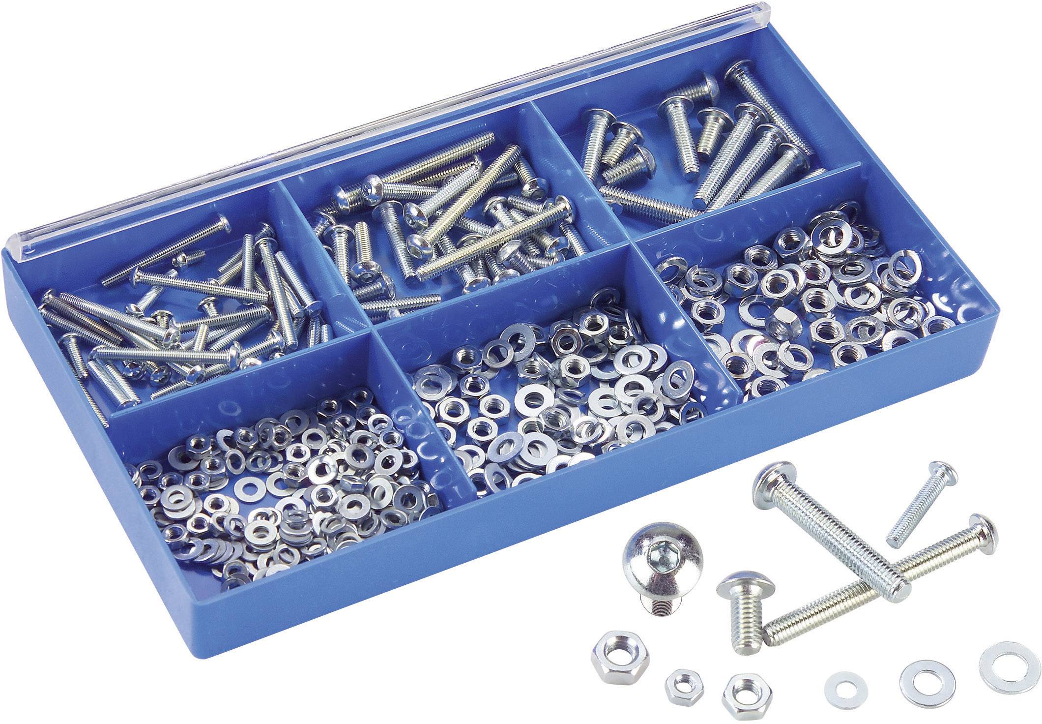 Eine blaue Sortierbox mit neun Fächern enthält Schrauben, Muttern und Unterlegscheiben in verschiedenen Größen aus Metall.