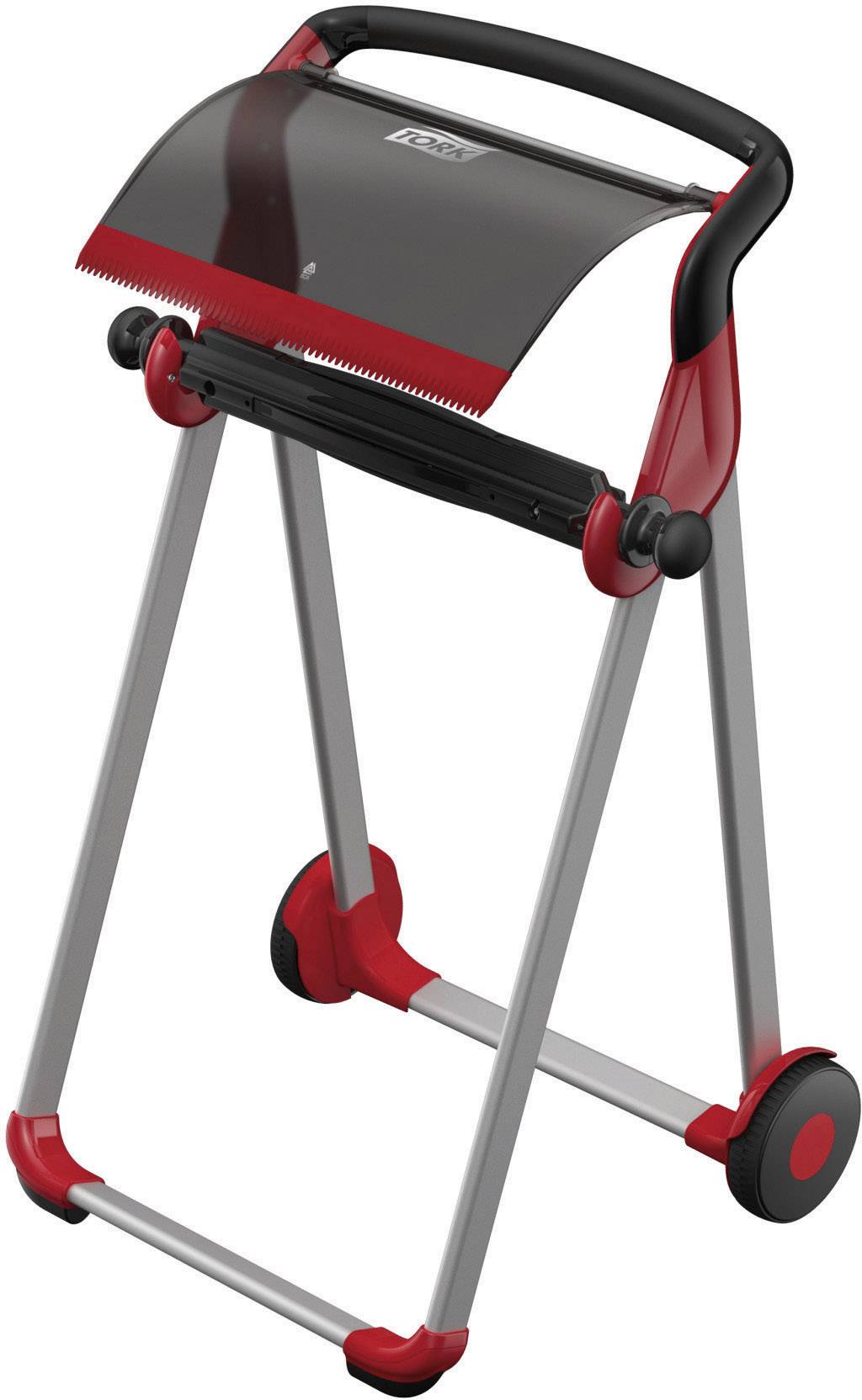 Ein roter und schwarzer Elektrohacker auf einem stabilen Metallgestell mit Rädern, geeignet für das Zerkleinern von Gartenabfällen.