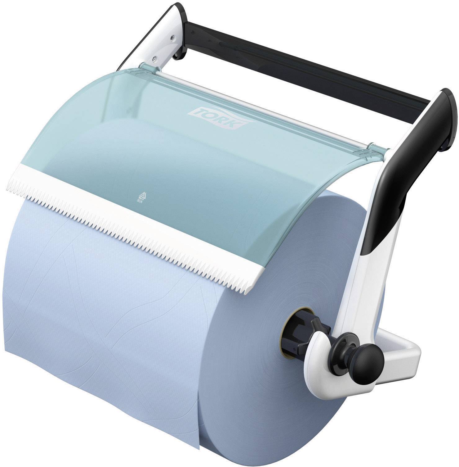 Toilettenpapierspender mit blauem Papier, geeignet für gewerbliche Nutzung. Robustes Gehäuse mit einfacher Zugänglichkeit für Nutzer.