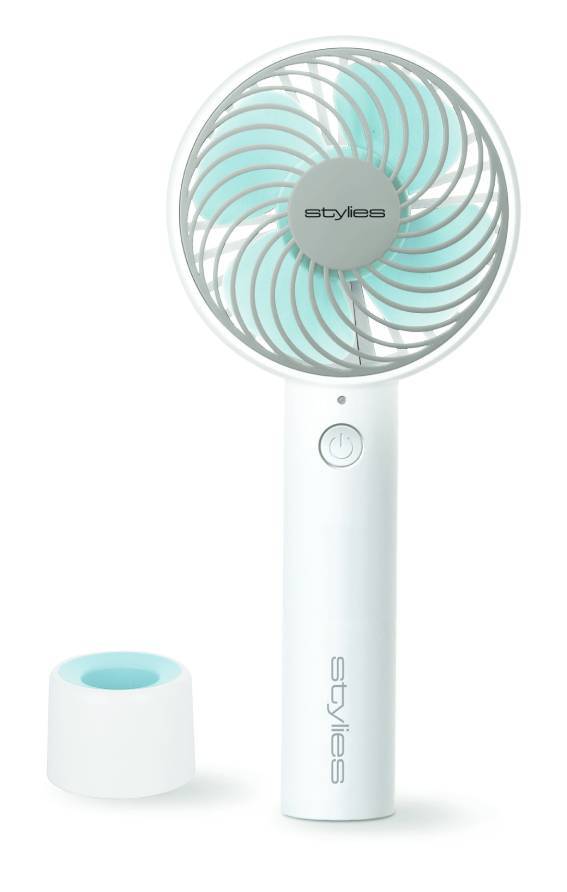 Stylies Handventilator Lacerta blau - wiederaufladbarer Akku mit USB - integriertes Licht - inkl. Trageband & Standfuß